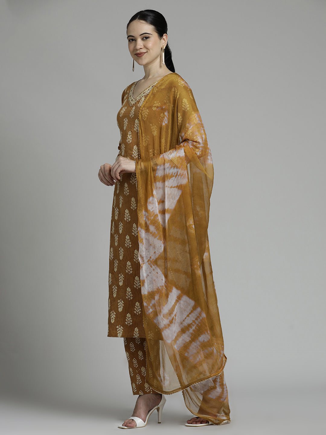 Brown Ethnic Motif Printed Pure Cotton Suit Set