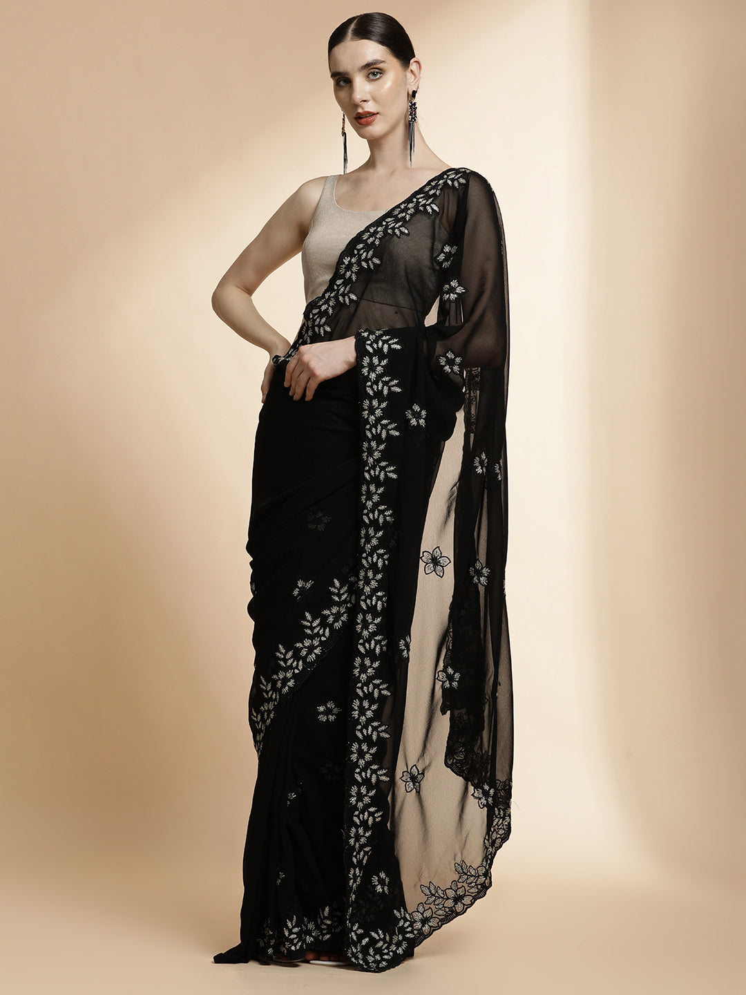 Party Wear Embroidered Pure Georgette Black Saree