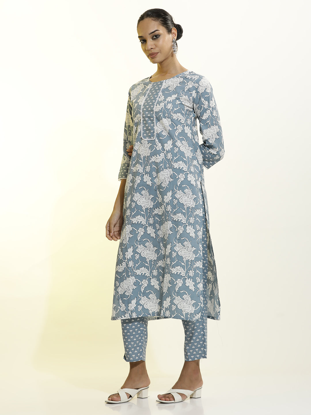 Grey Cotton Printed Straight Kurta Set