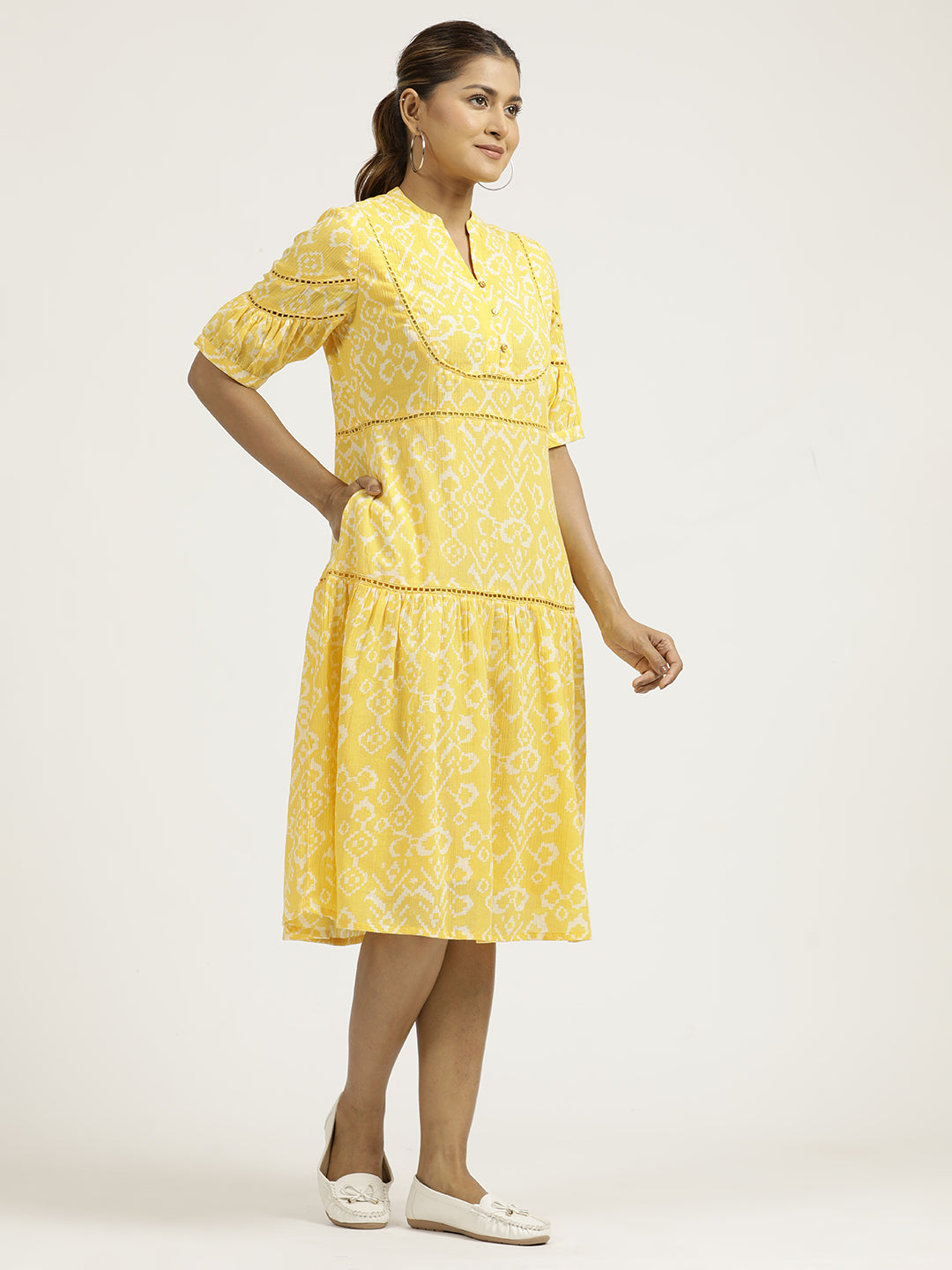 Yellow Abstract Printed Cotton Tiered Dress