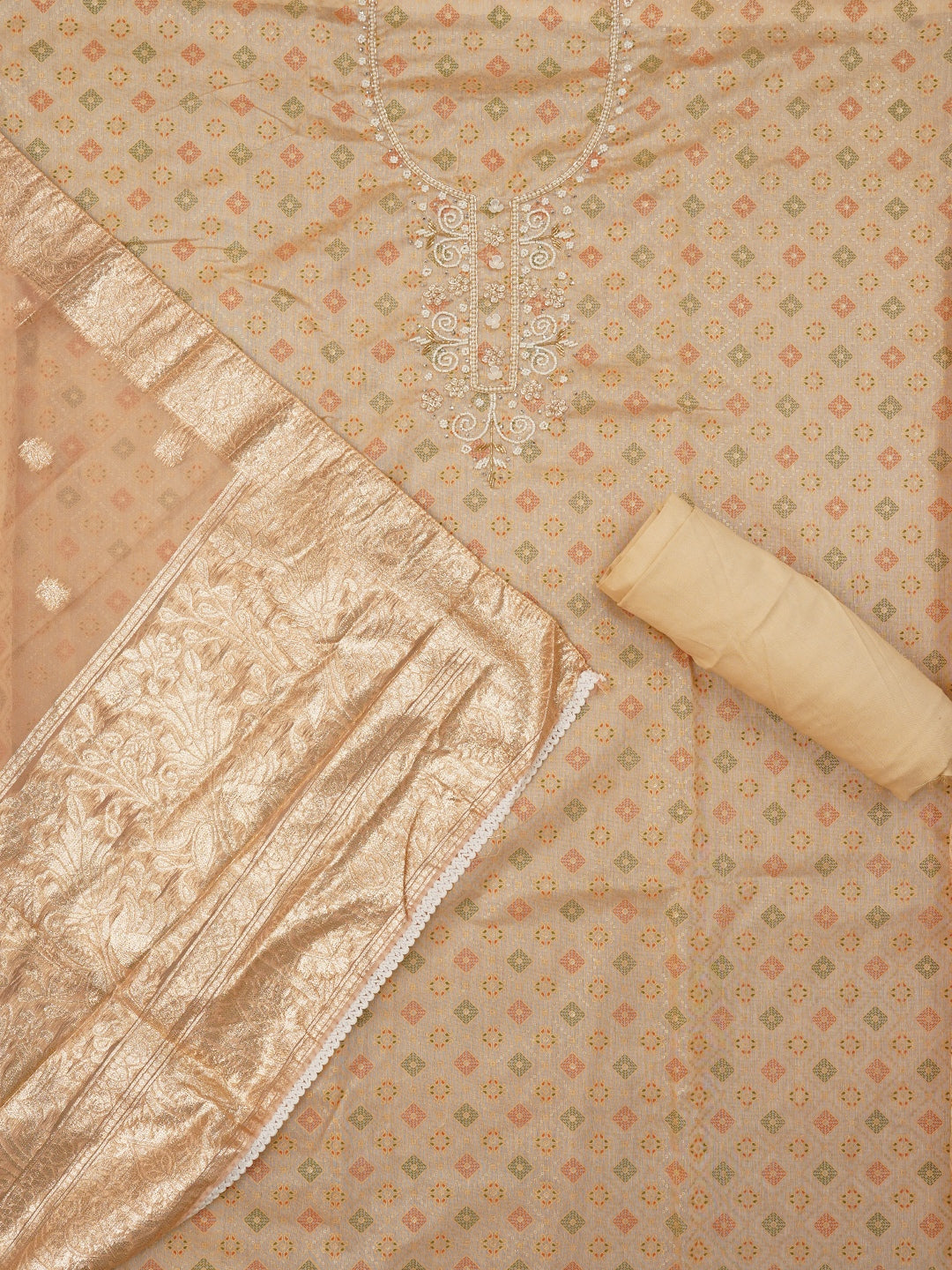 Beige Unstitched Embellished Cotton Blend Dress Material with Dupatta