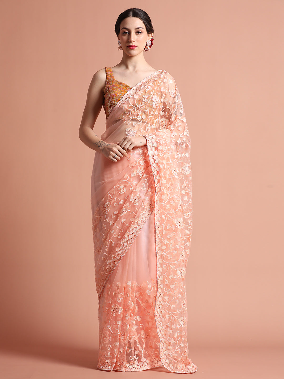 Peach Party Wear Floral Embroidered Net Saree