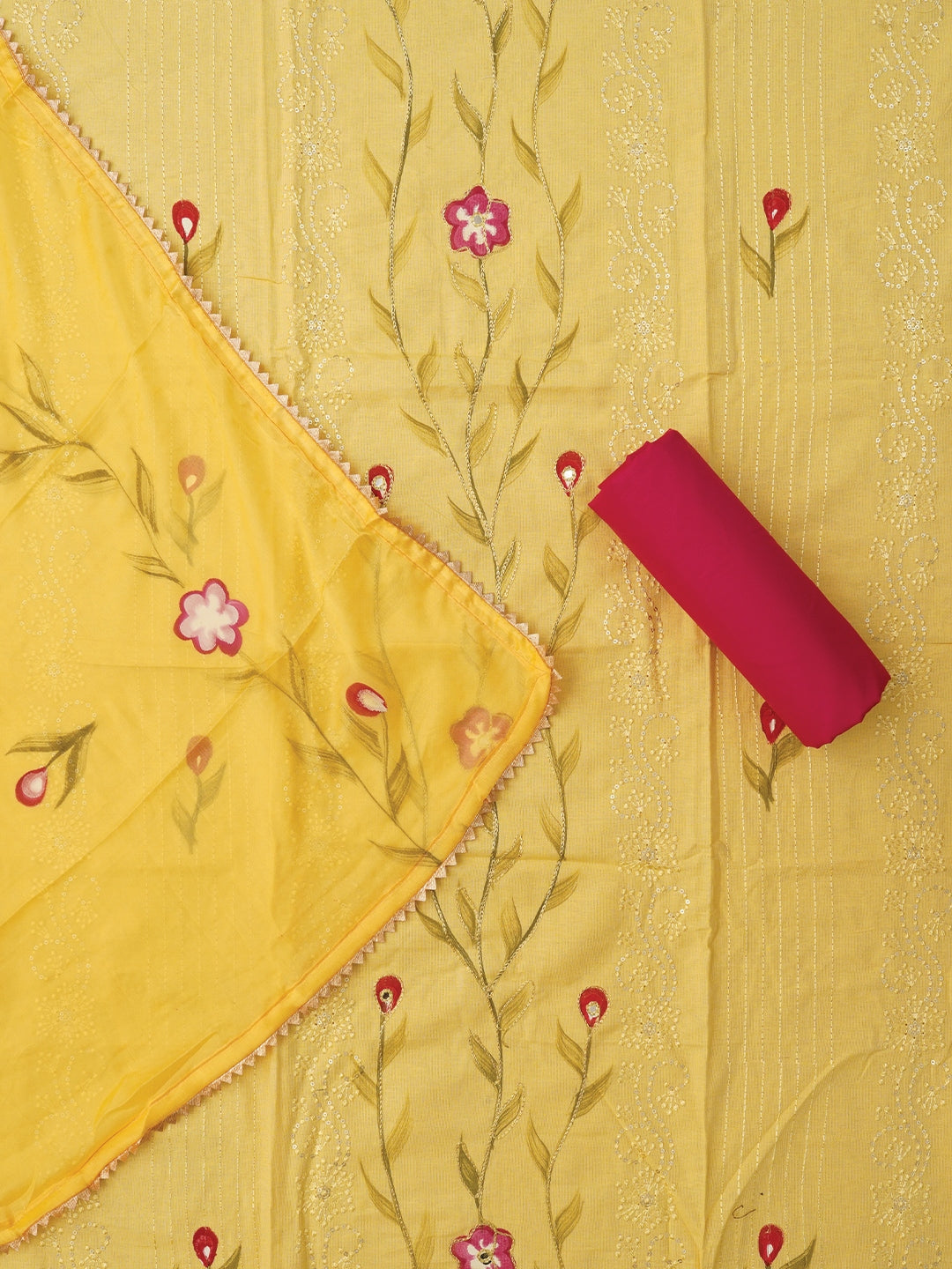 Yellow Handpainted Embroidered Dress Material with Dupatta