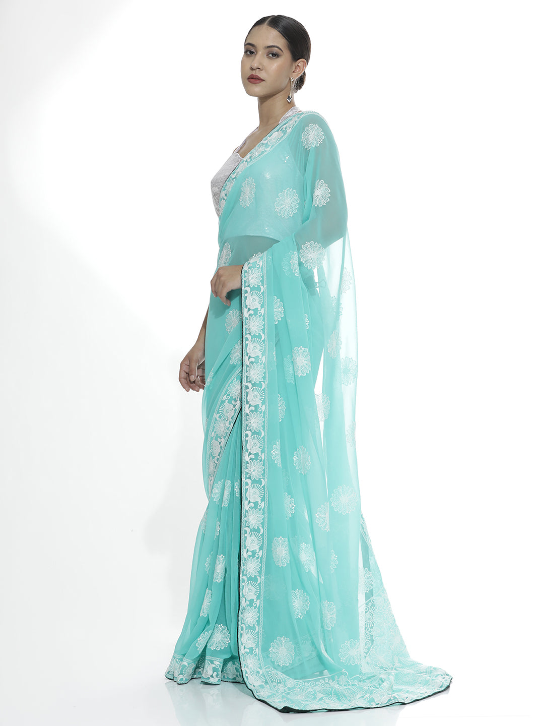 Traditional Sea Green Embroidered Pure Georgette Saree