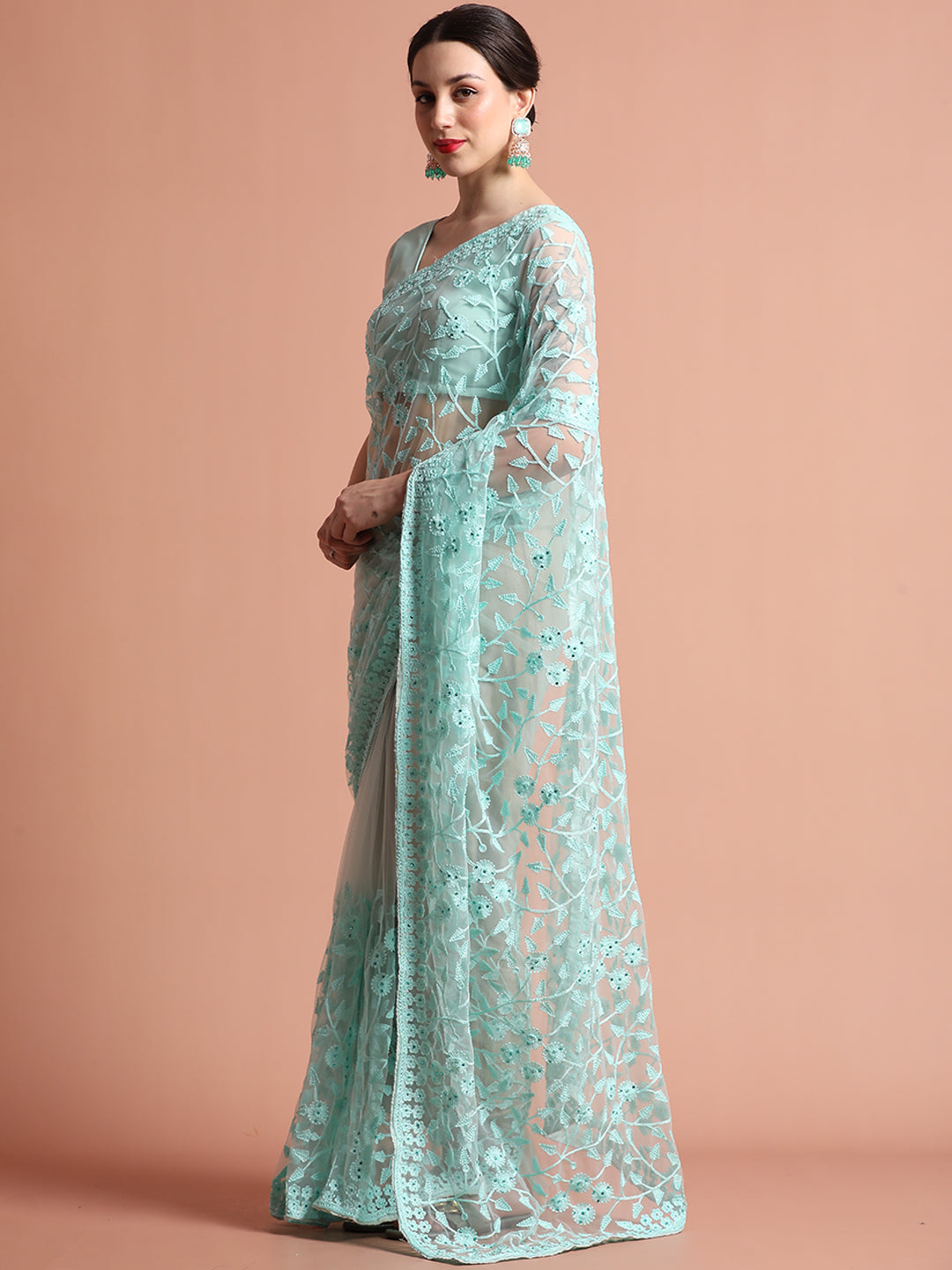 Sea Green Party Wear Floral Embroidered Net Saree