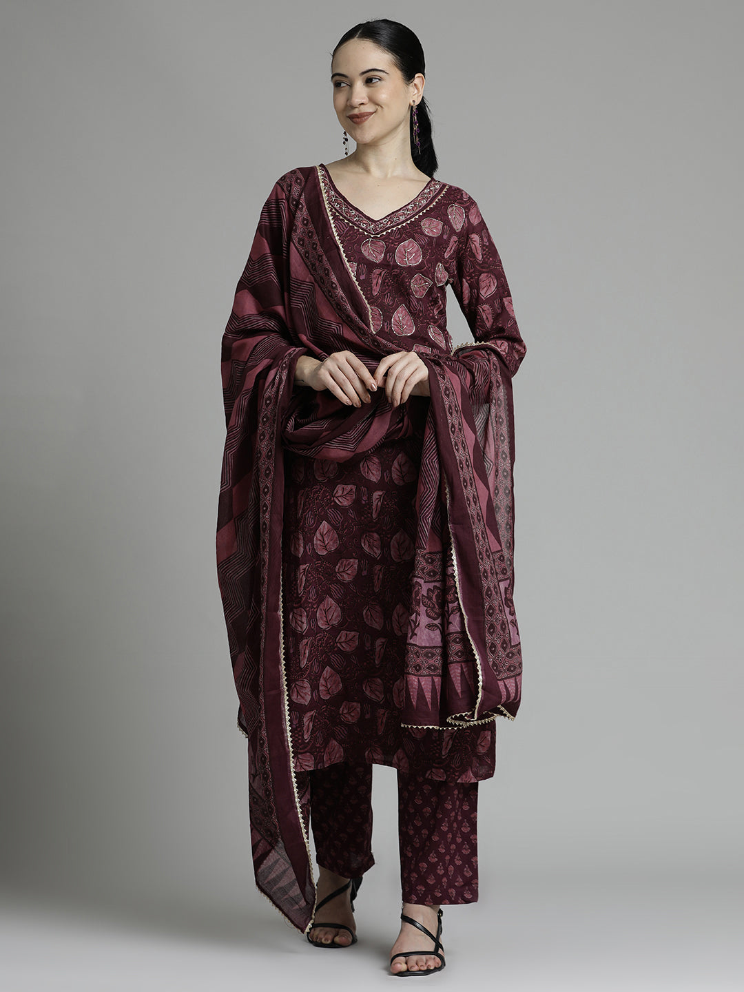 Ethnic Printed Cotton Red Kurta Set With Dupatta