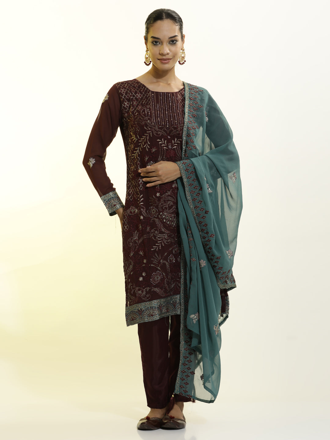 Festive Embroidered Georgette Heavy Kurta Set With Dupatta