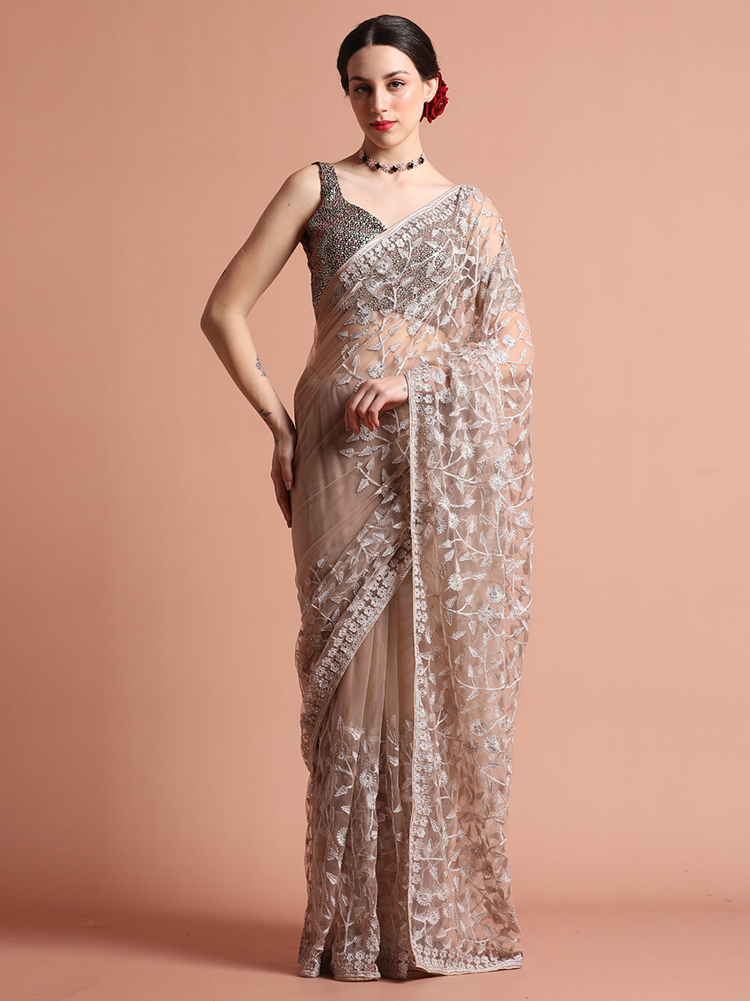 Party Wear Floral Beige Embroidered Net Saree