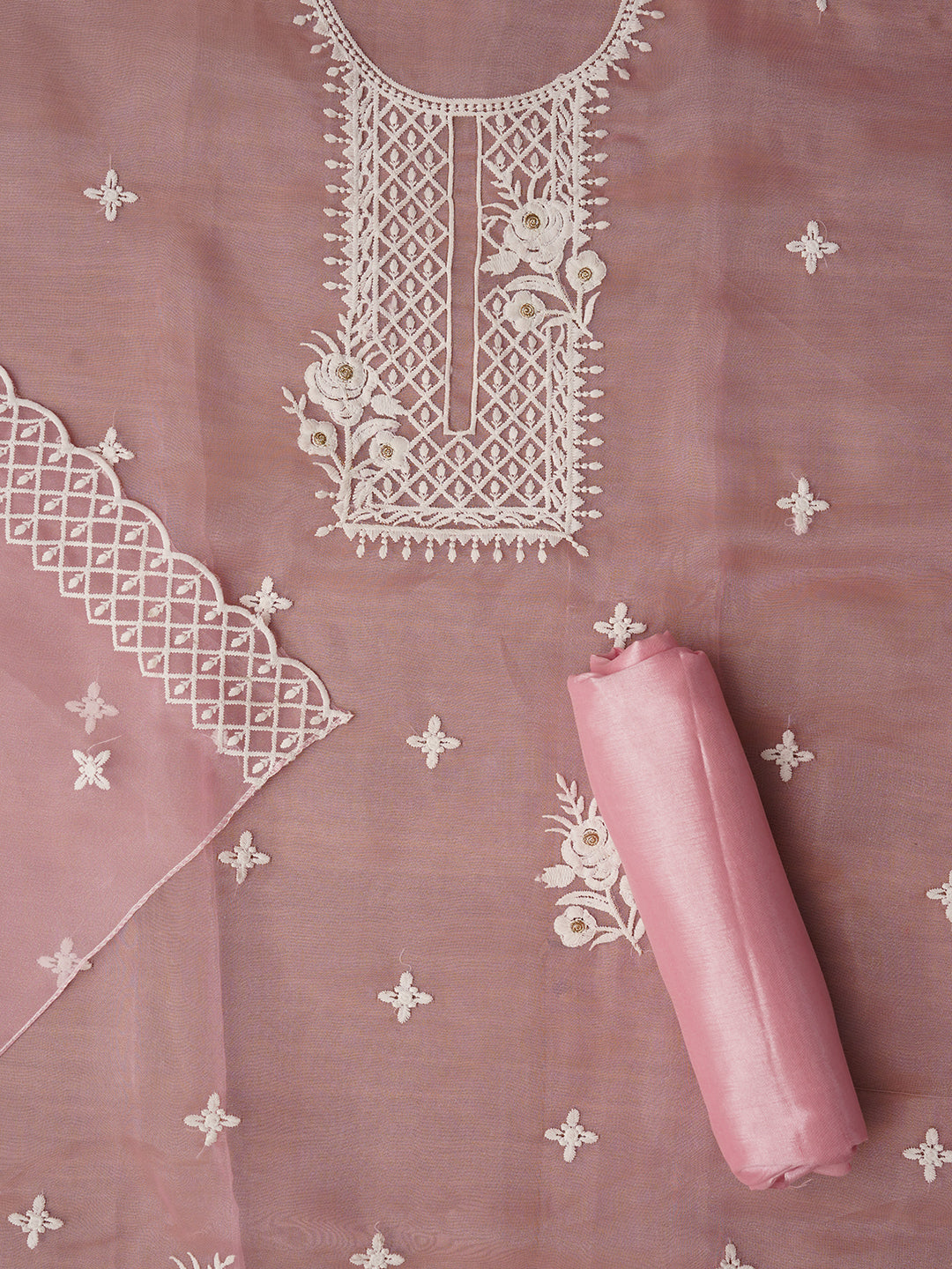 Baby Pink Unstitched Embroidered Organza Dress Material With Dupatta