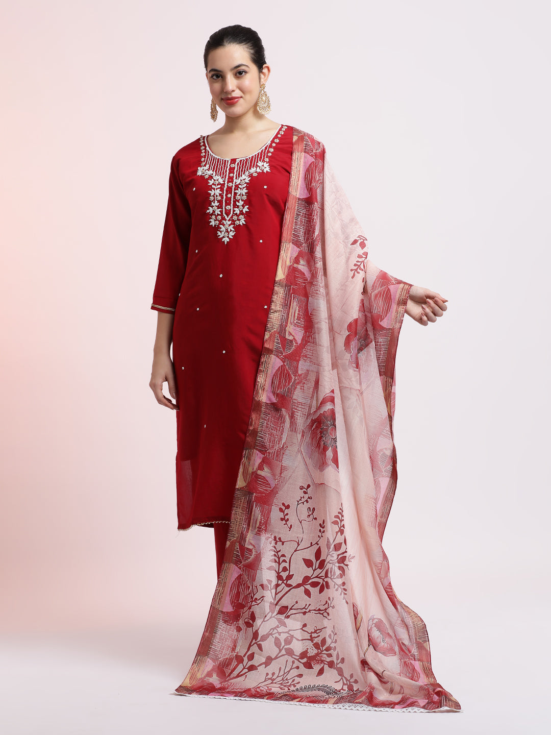 Red Embroidered Cotton Festive Kurta Set With Dupatta