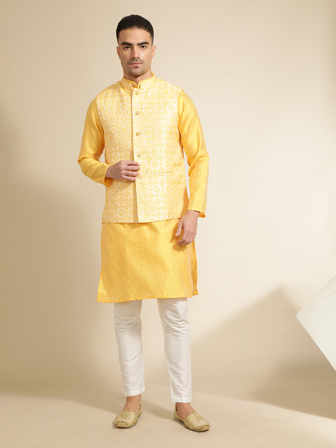 Yellow Silk Blend Kurta With Woven Design Nehru Jacket Set