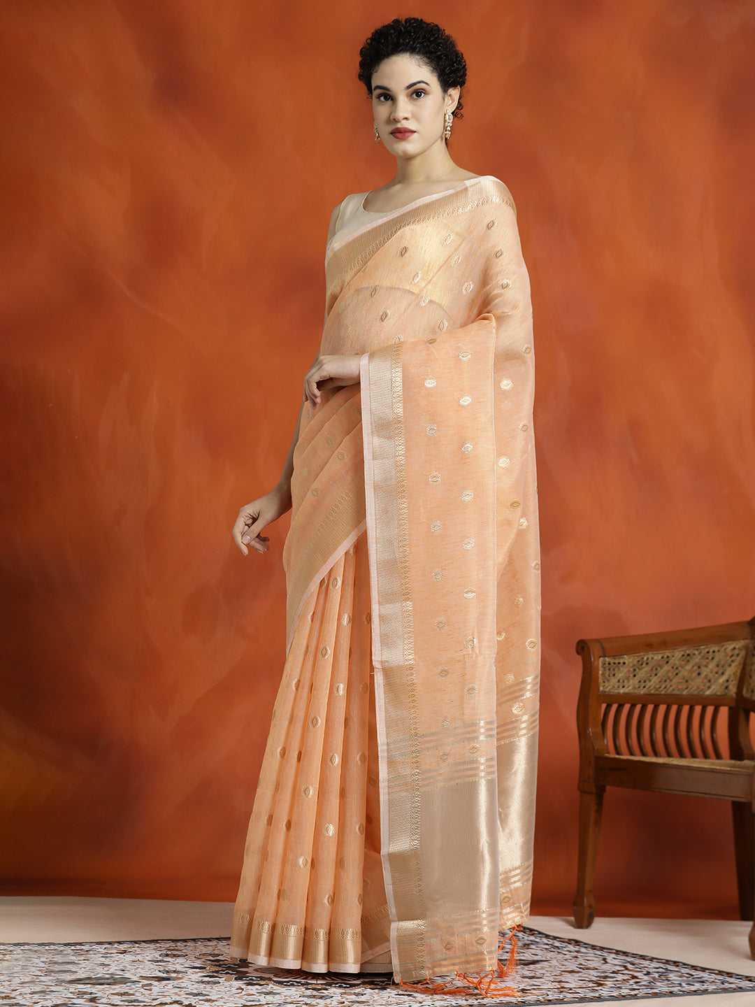 Zari Woven Orange Banarasi Organza Saree