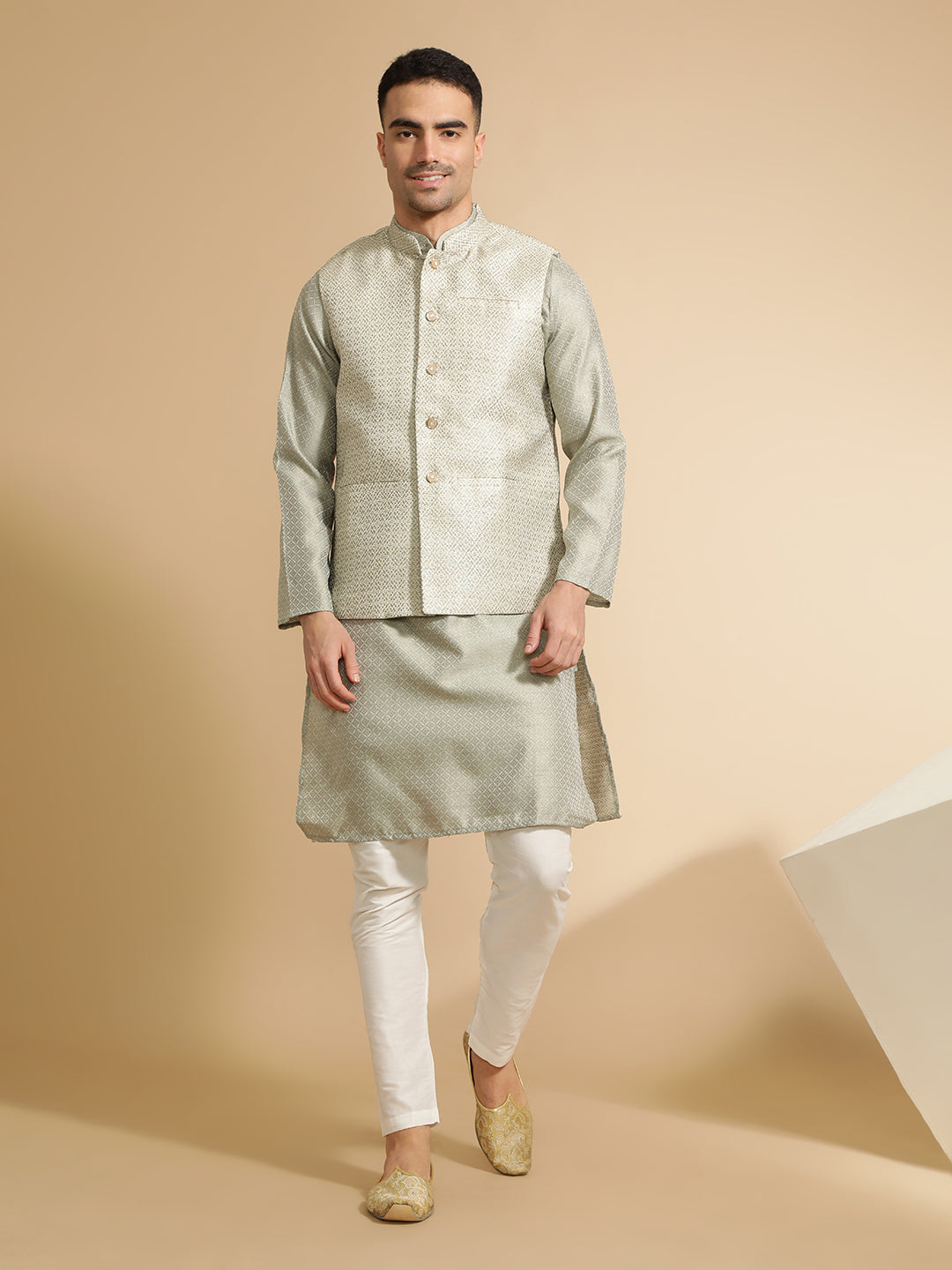 Light Grey Silk Blend Kurta With Woven Design Nehru Jacket Set