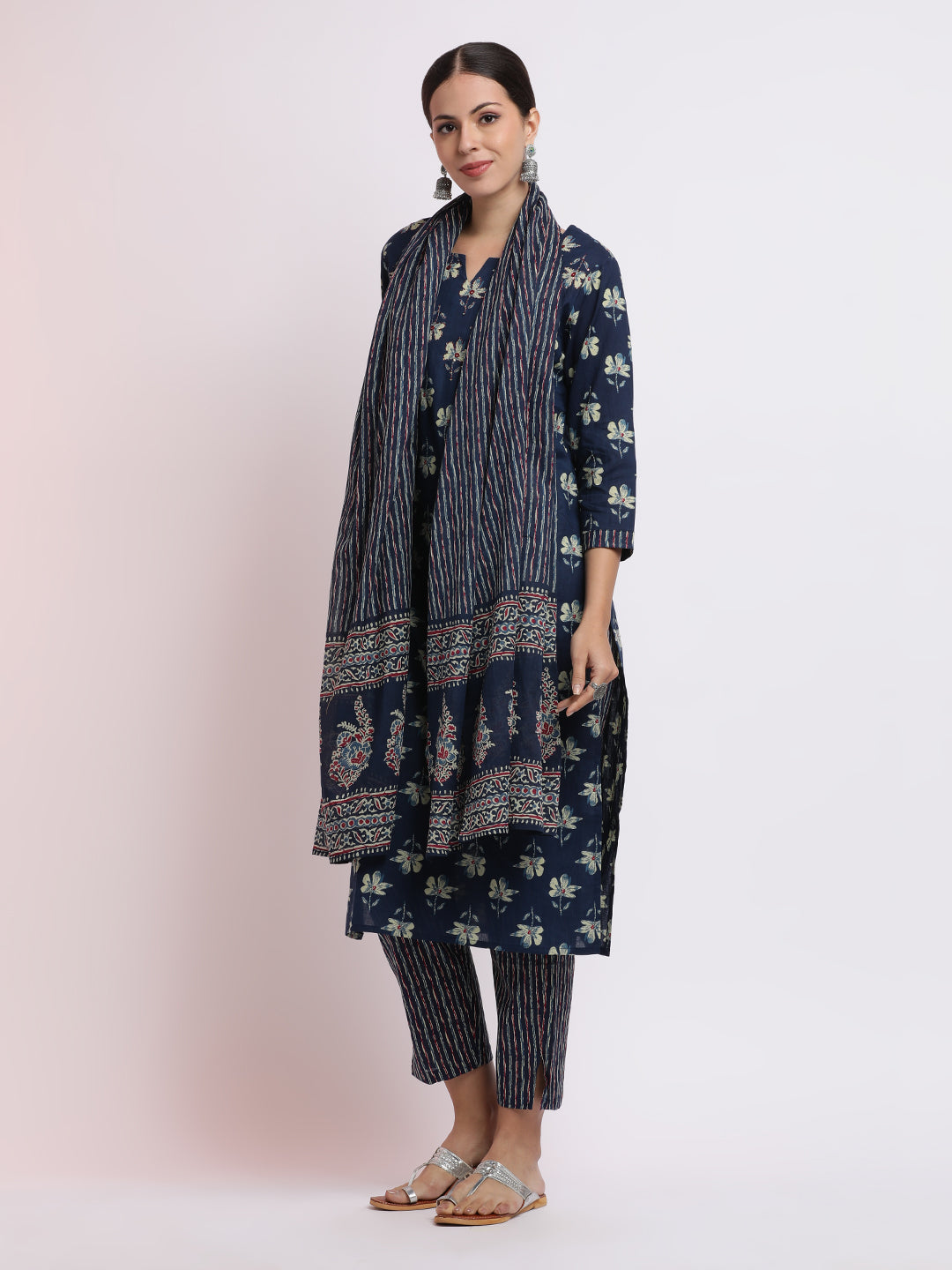 Embroidered Cotton Kurta Set With Dupatta