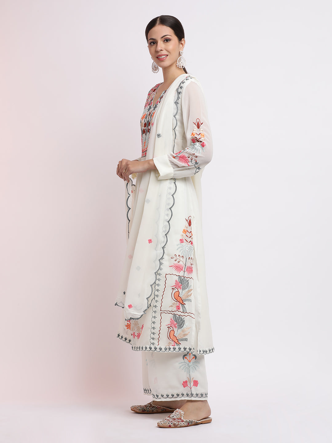 White Thread Embroidered Georgette Kurta Set With Dupatta