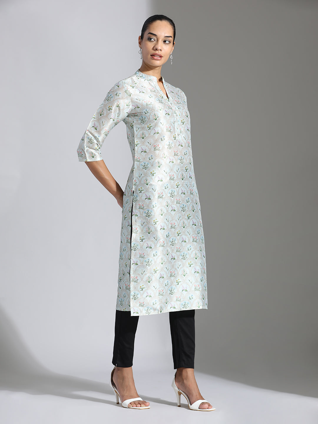 Light Green Floral Printed Poly Chanderi Kurta