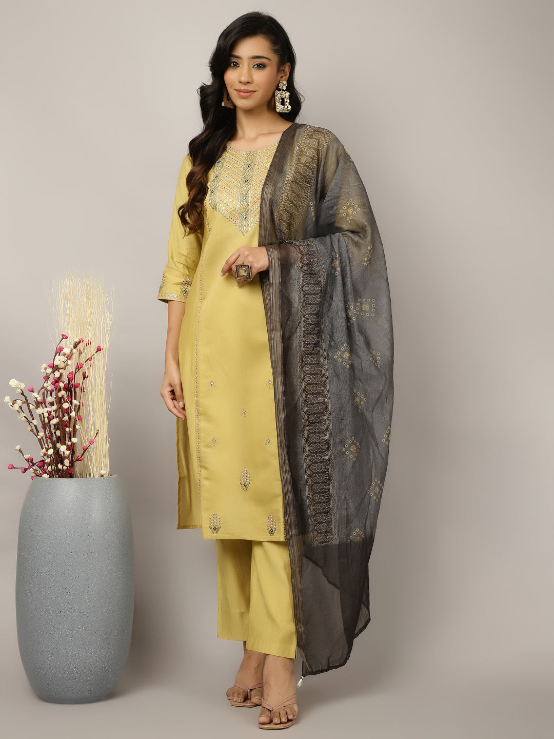 Silk Blend Yellow Embroidered Suit Set