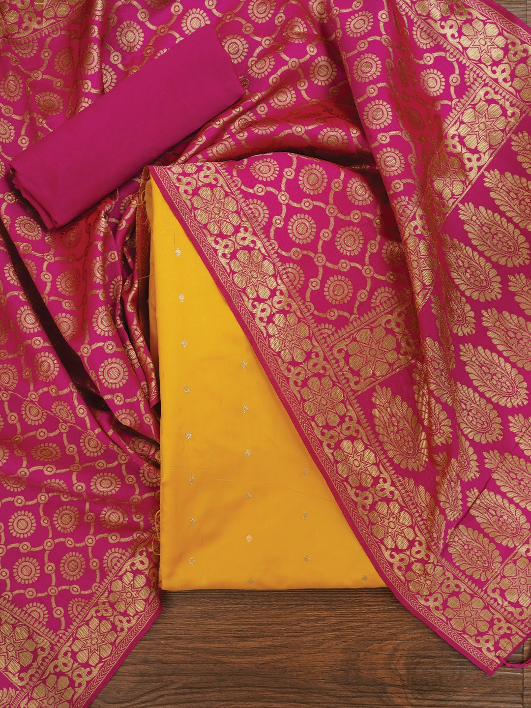 Yellow Zari Woven Silk Blend Dress Material With Dupatta