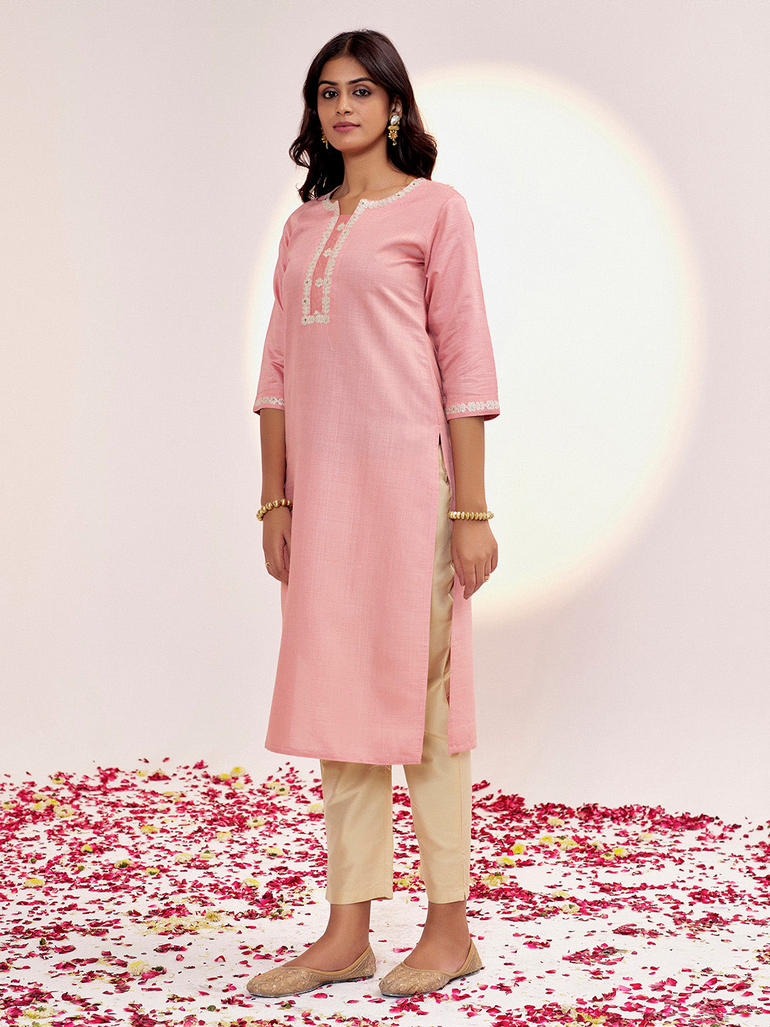 Peach Self Woven Dori Embroidered Kurta Set