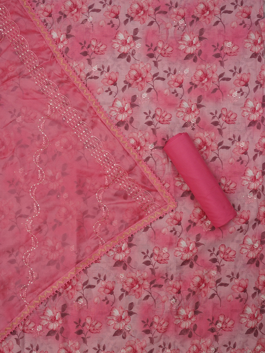 Floral Pink Printed Embellished Cotton Dress Material with Dupatta