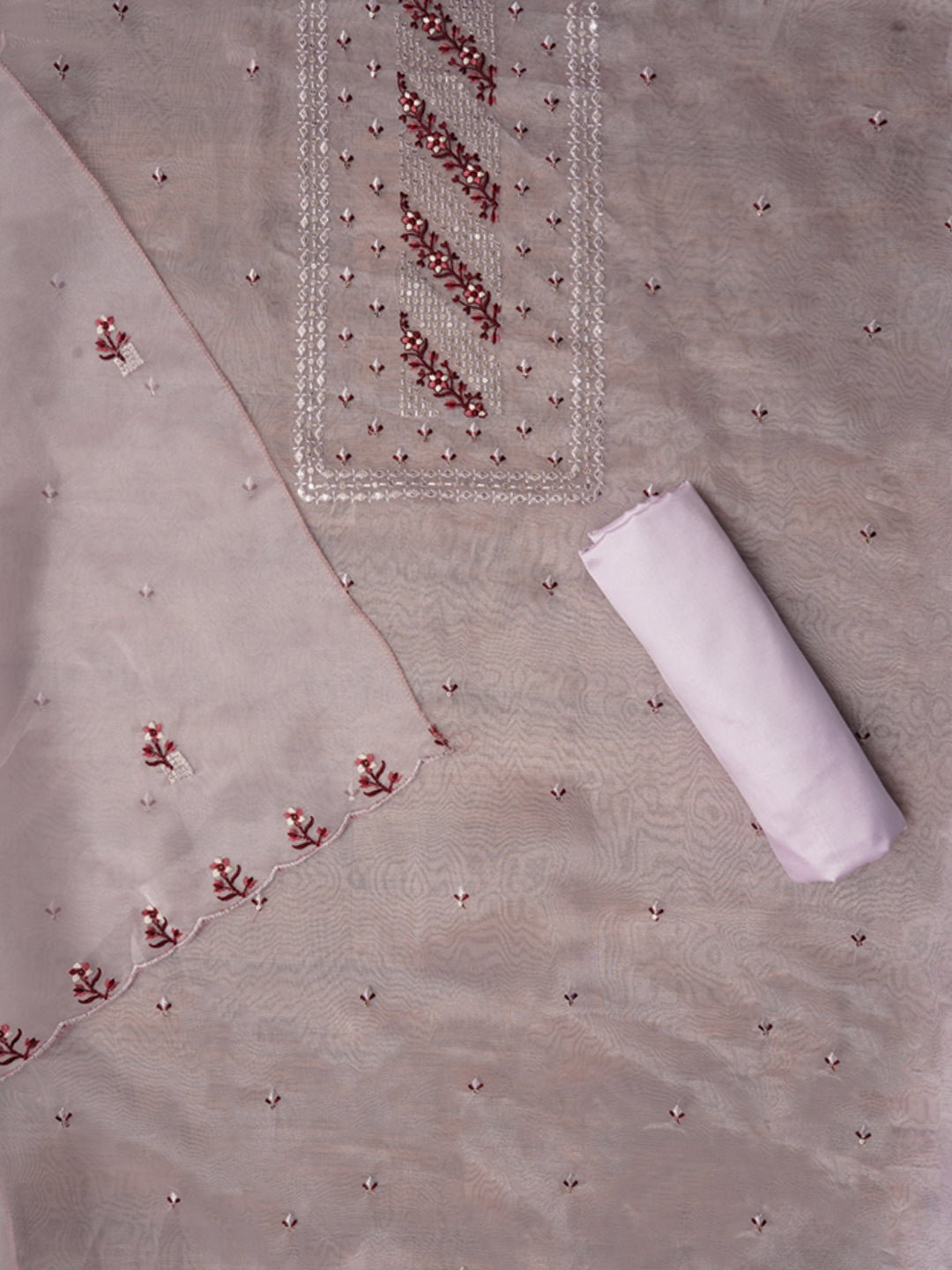 Lavender Zari Embroidered Organza Dress Material with Dupatta