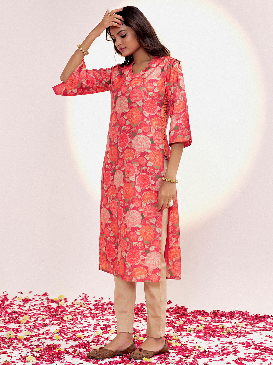 Rust Floral Printed Festive Straight Kurta