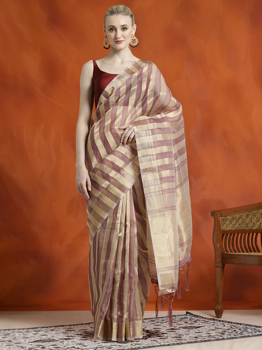 Striped Embellished Banarasi Organza Saree