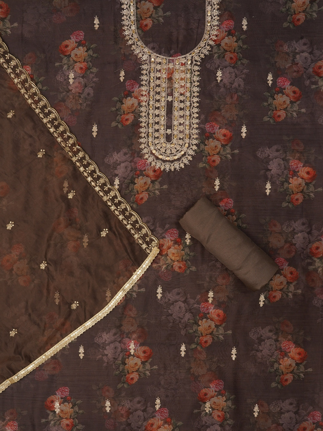 Grey Floral Printed Sequin Embroidered Dress Material with Dupatta