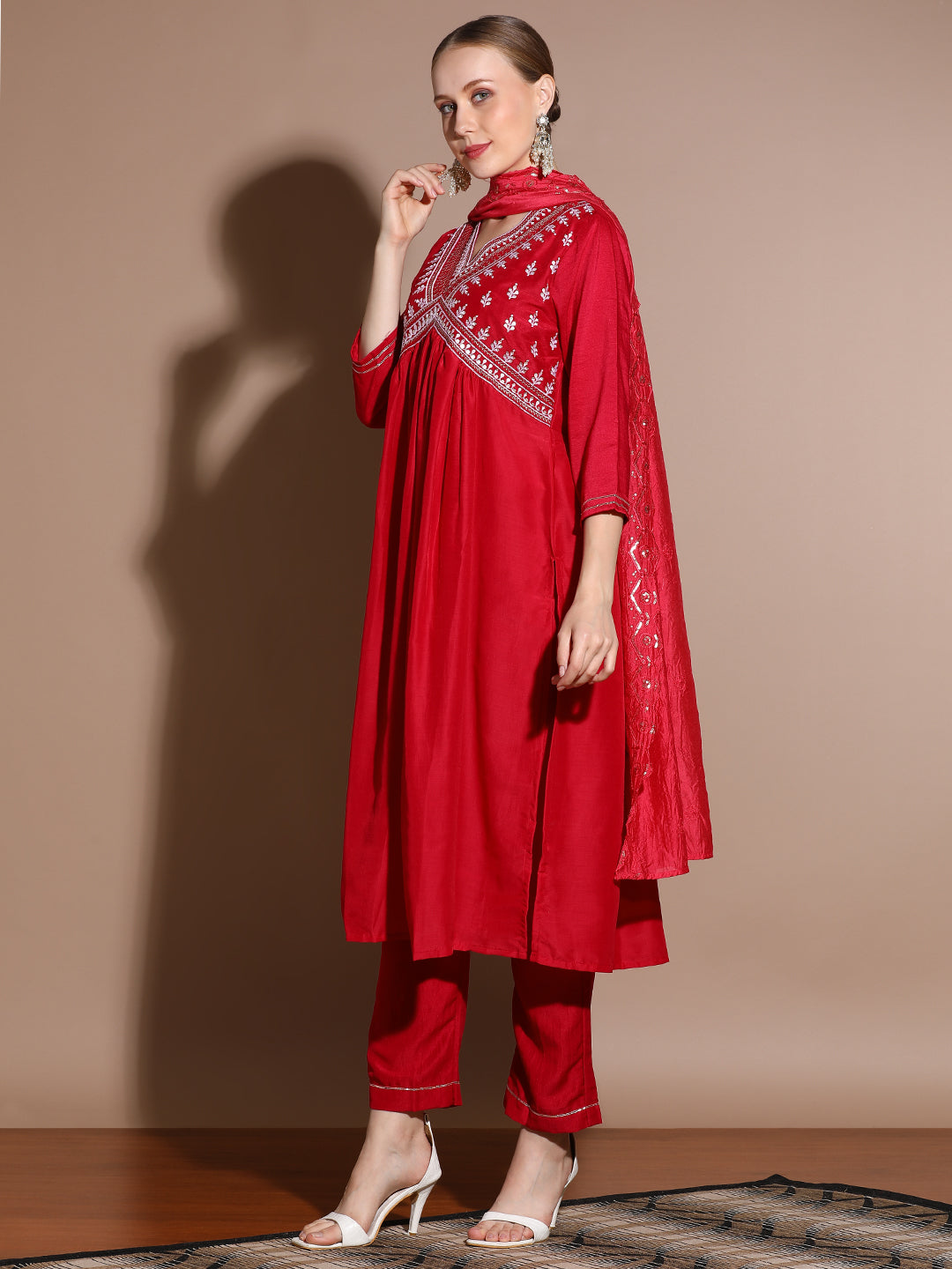 Red Velvet Solid Kurta Set With Dupatta