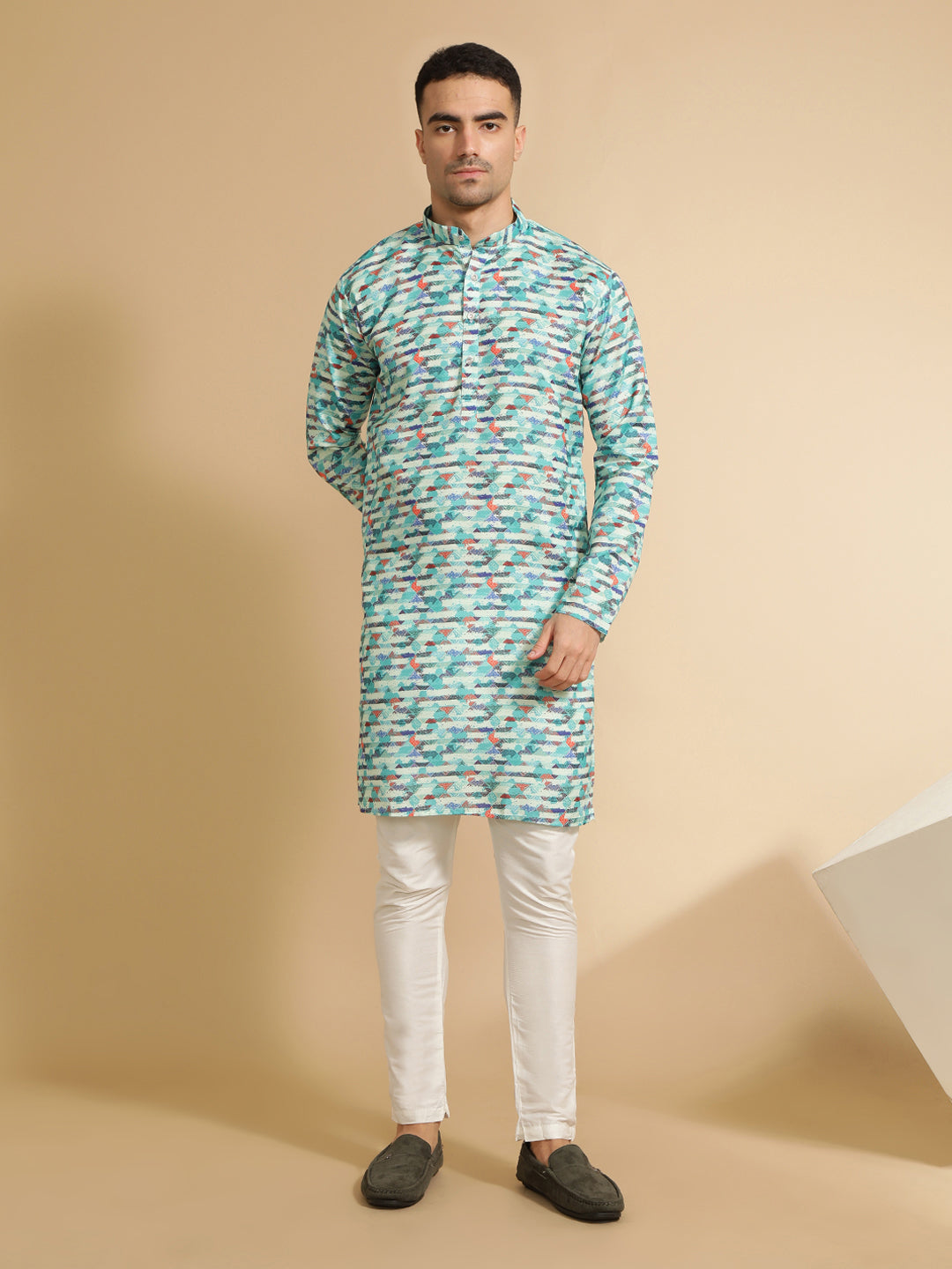 Sea Green Abstract Printed Cotton Kurta for Men