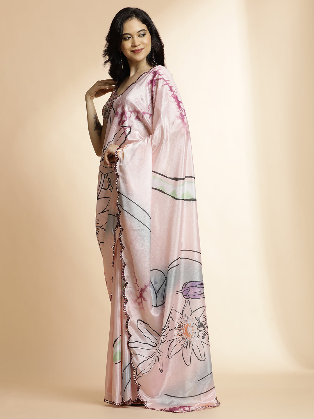 Peach Tie-Dye Printed Mirror Work Satin Saree