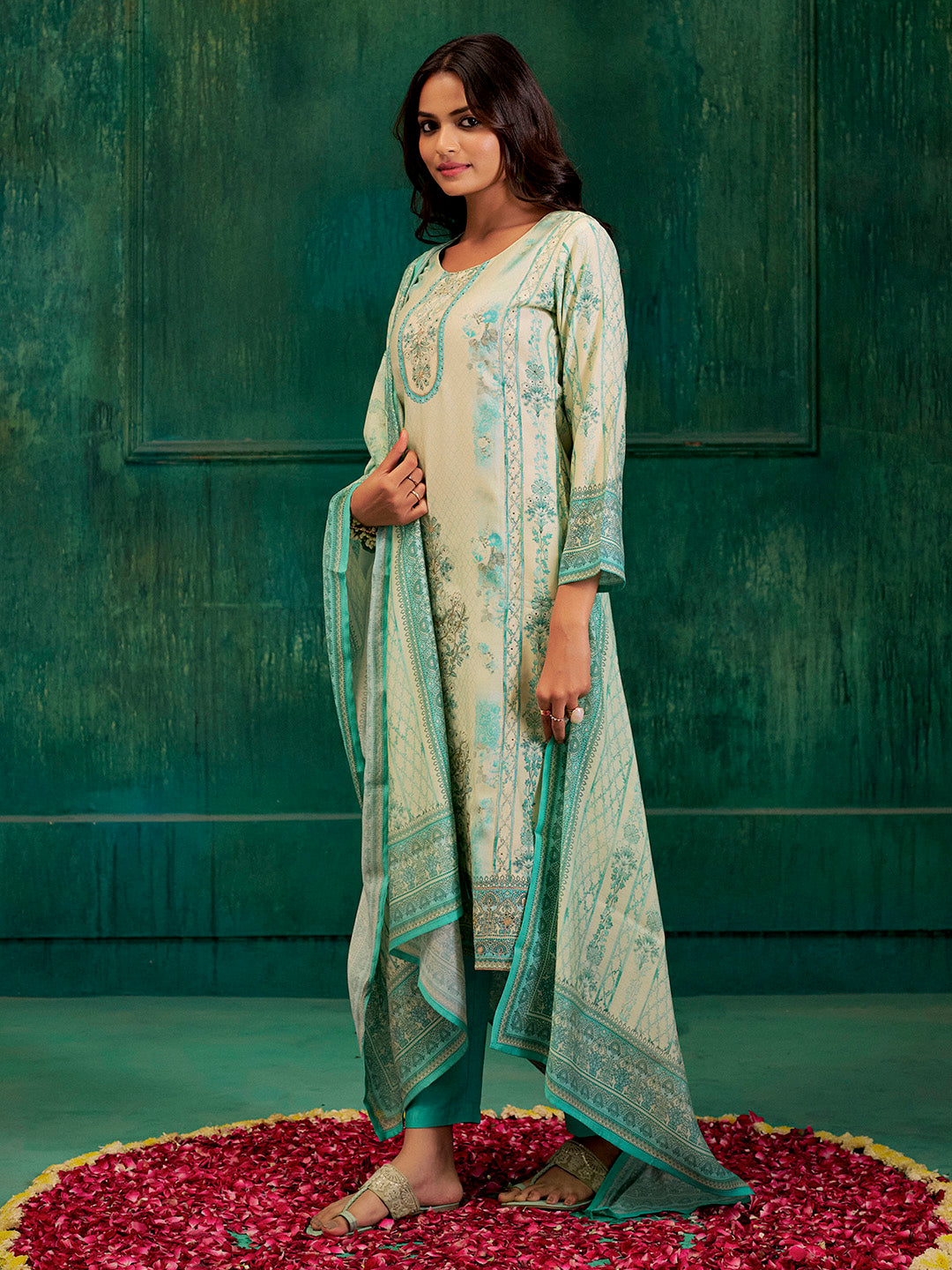 Sea Green Hand Embroidered Printed Kurta Set With Dupatta