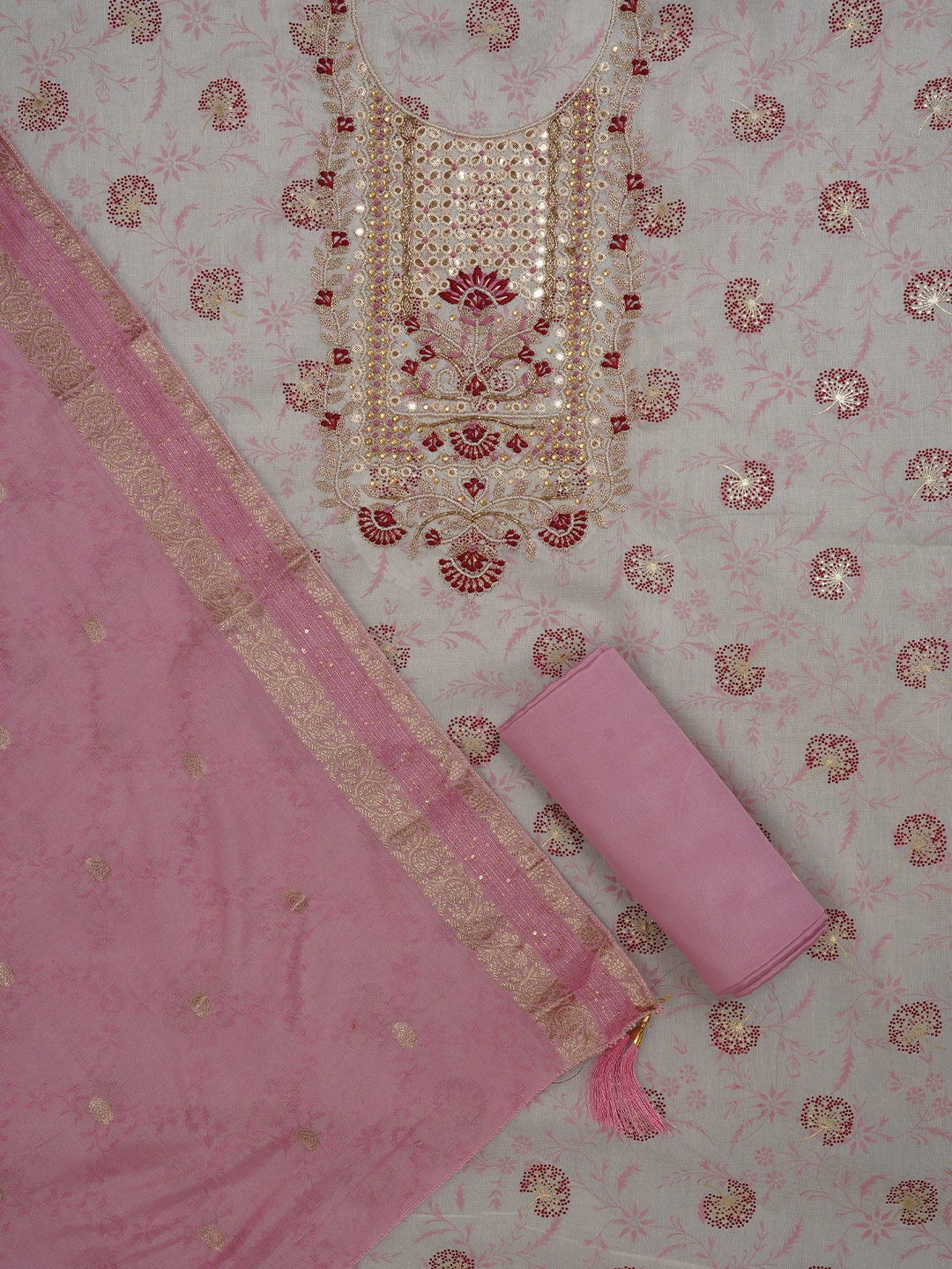 Festive Silk Blend Off White Zari Woven Dress Material With Dupatta