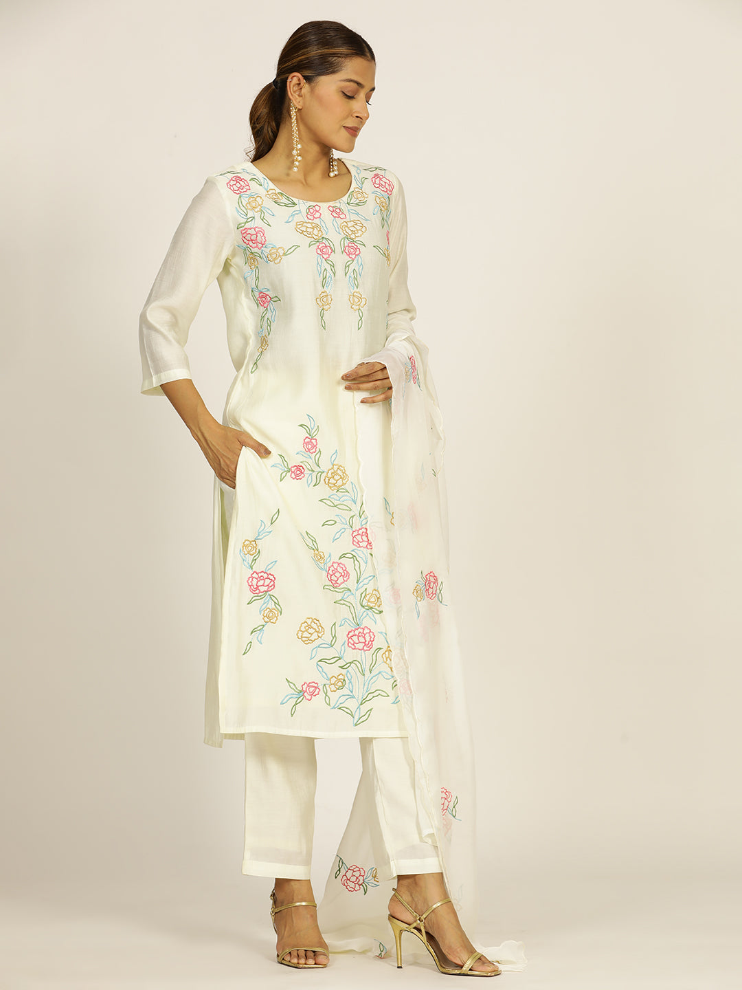 Off-White Resham Embroidered Chanderi Festive Suit Set