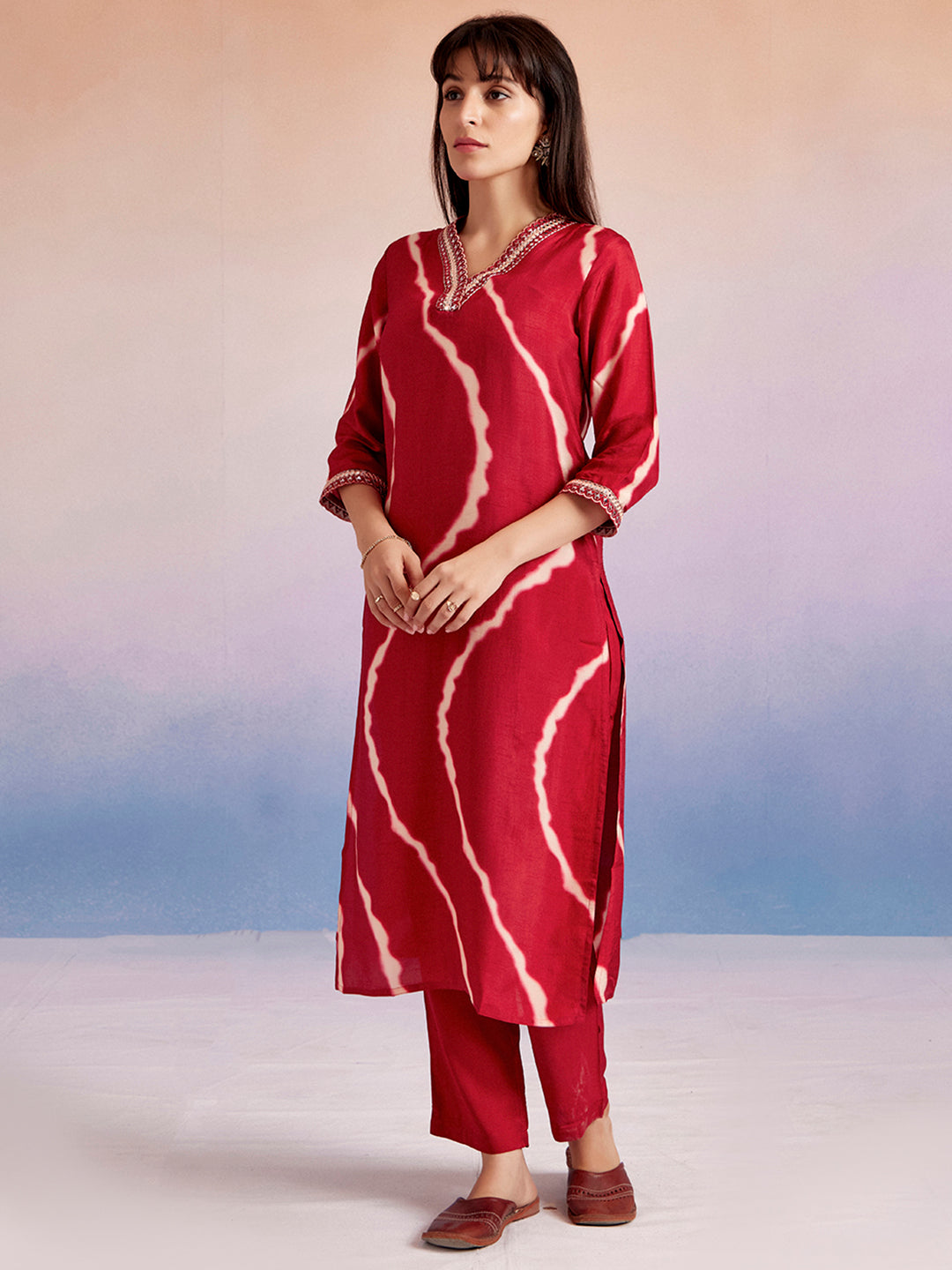 Red Embroidered Leheriya Kurta Set