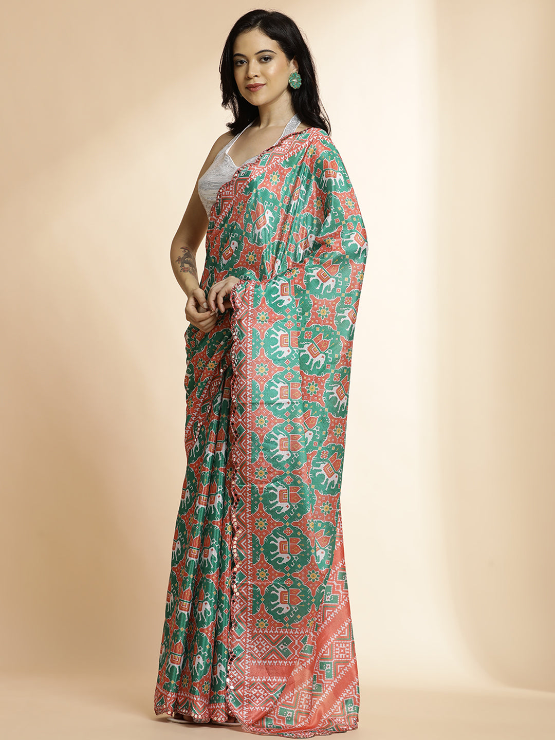 Orange Tie-Dye Printed Mirror Work Satin Saree