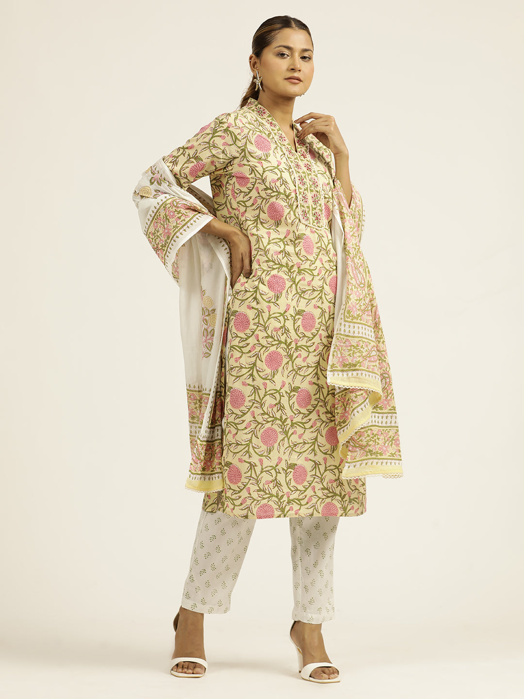 Light Yellow Ethnic Motif Cotton Hand Embroidered Suit Set