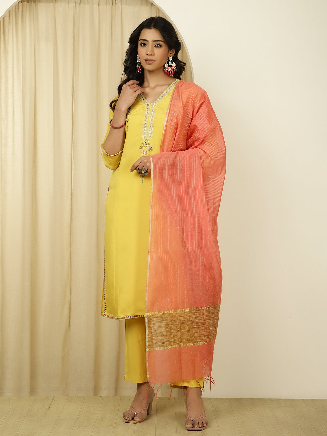 Silk Blend Mustard Embroidered Suit Set