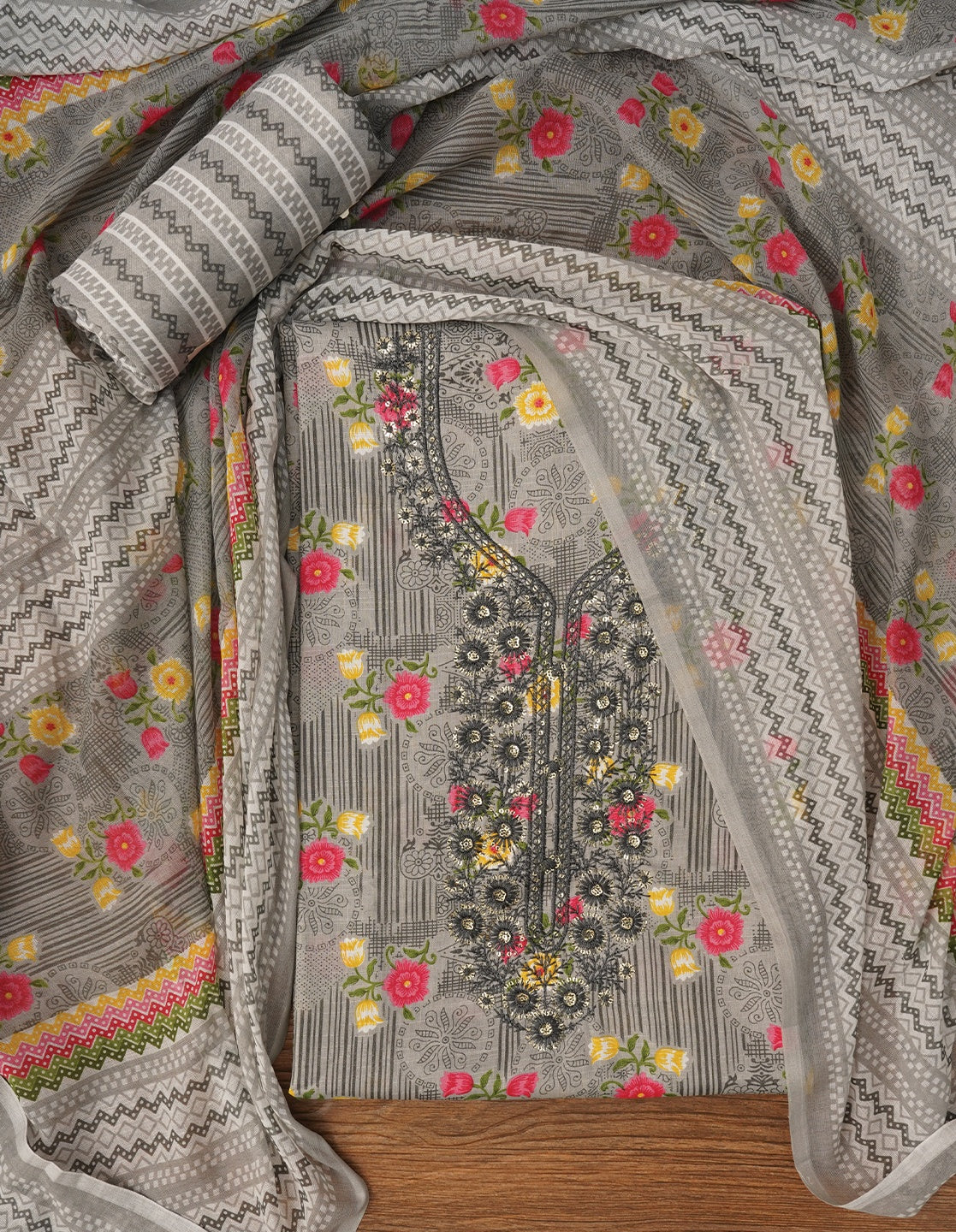 Grey Unstitched Embroidered Cotton Dress Material With Dupatta