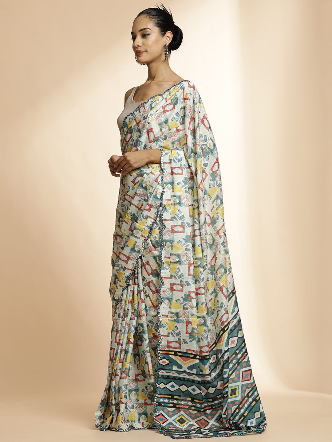 Green Tie-Dye Printed Mirror Work Satin Saree