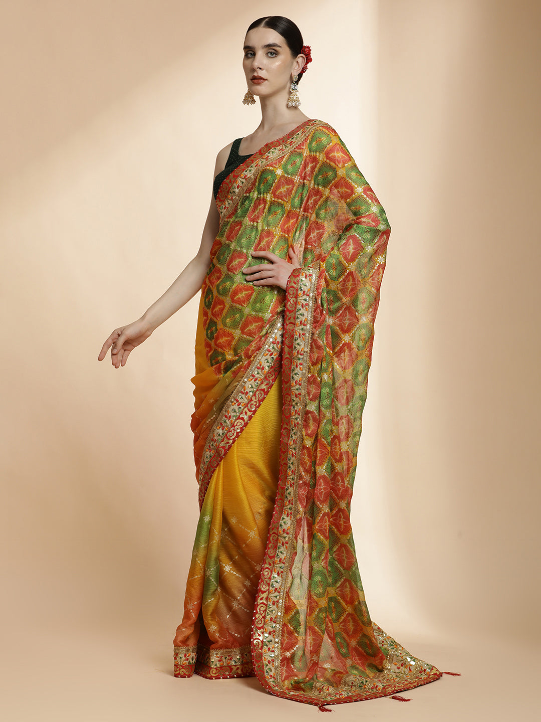 Multicolour Traditional Embroidered Bandhani Pure Georgette Saree