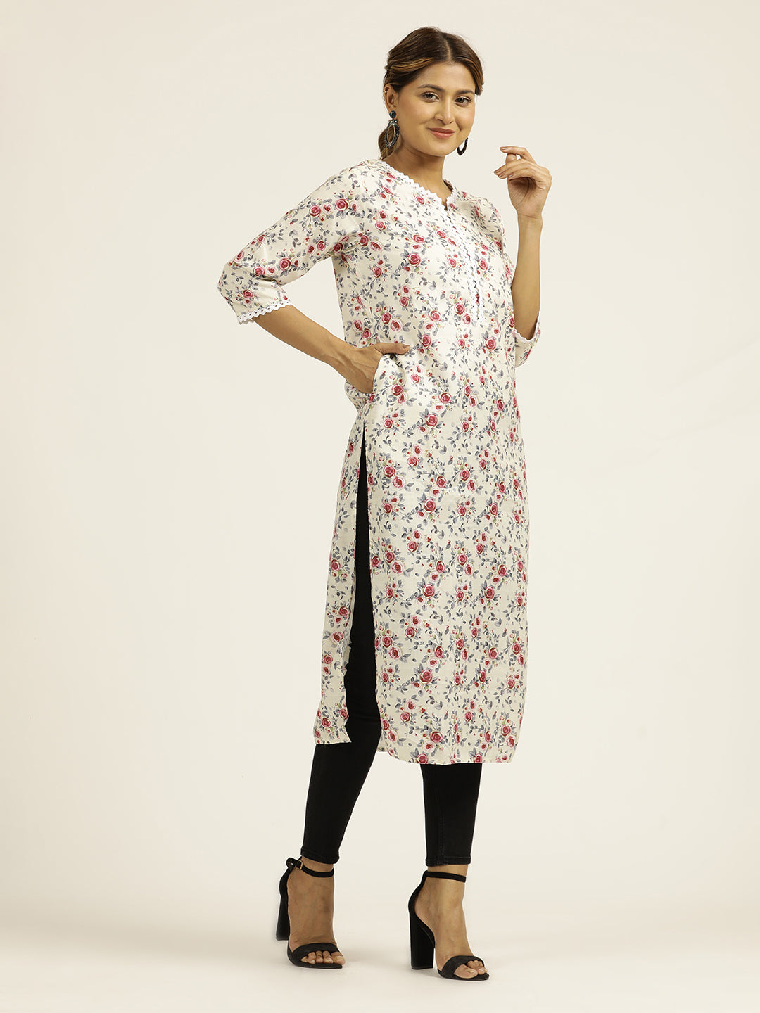 Light Yellow Floral Printed Straight Kurta