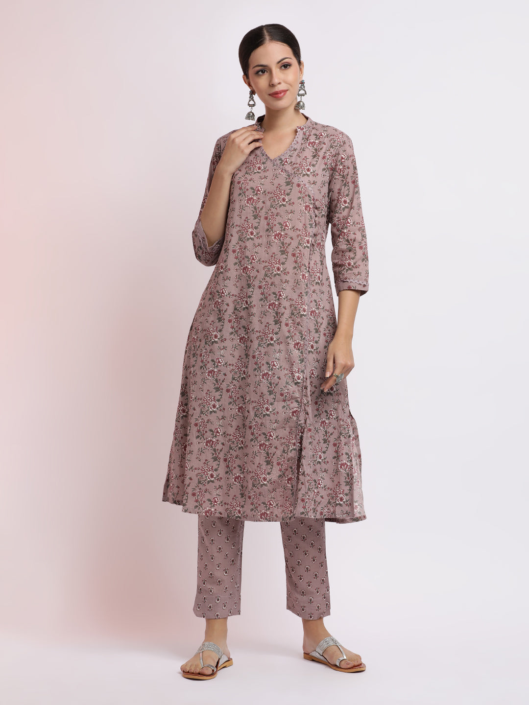 Mauve Floral Printed Pure Cotton Kurta Set