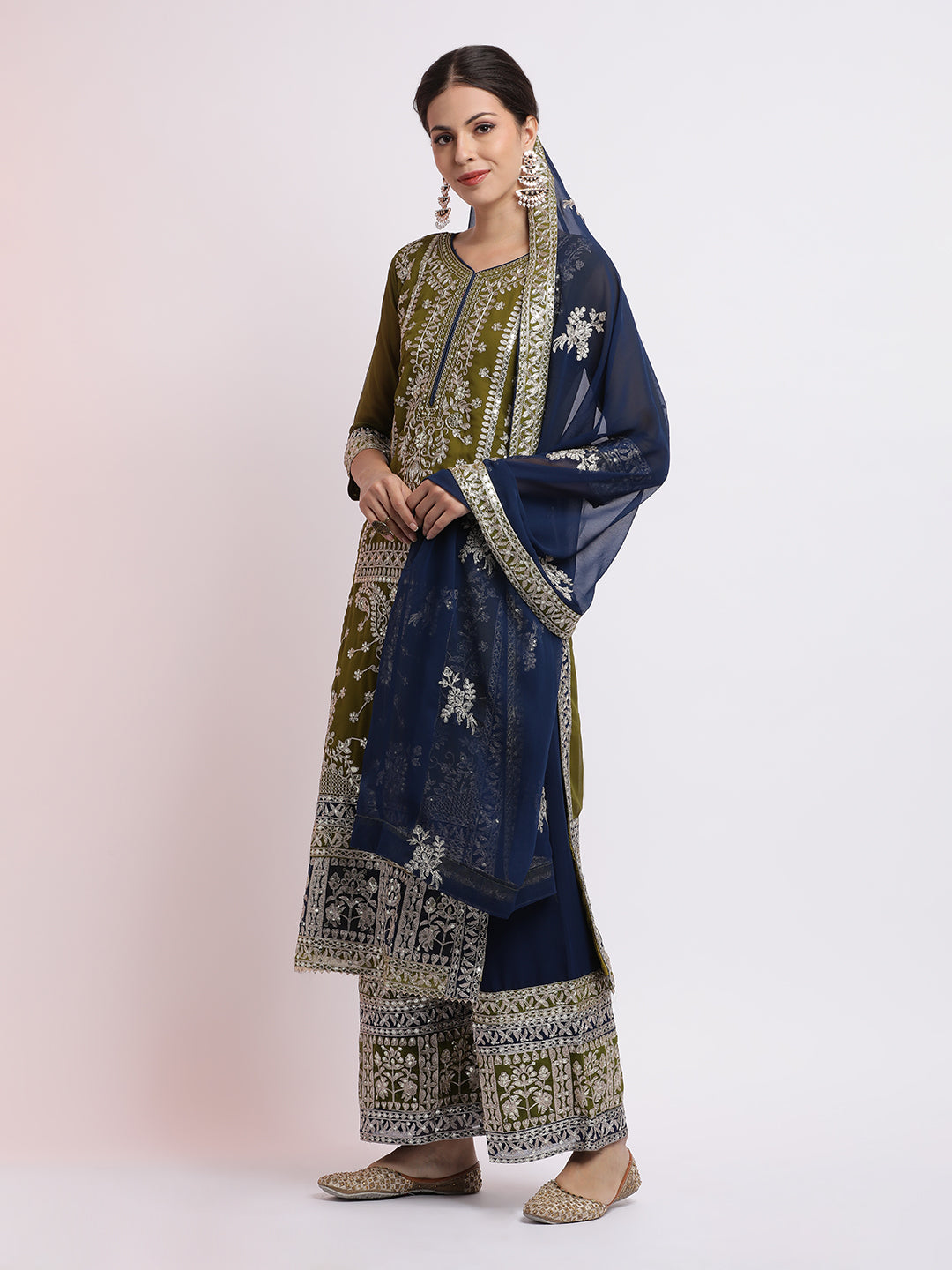 Olive Zari Embroidered Georgette Kurta Set With Dupatta