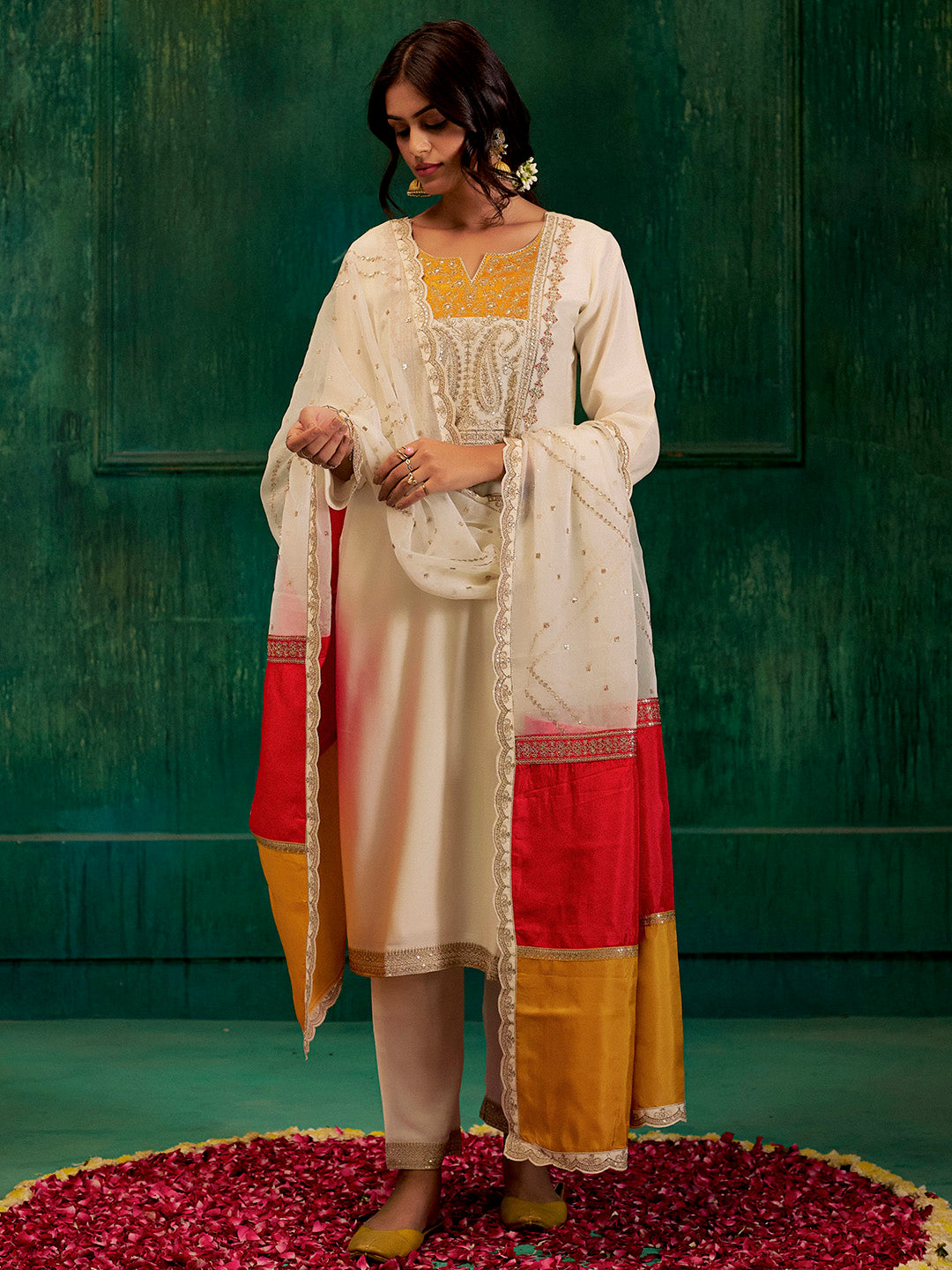 Cream & Mustard Zardozi Embroidered Festive Kurta Set With Dupatta