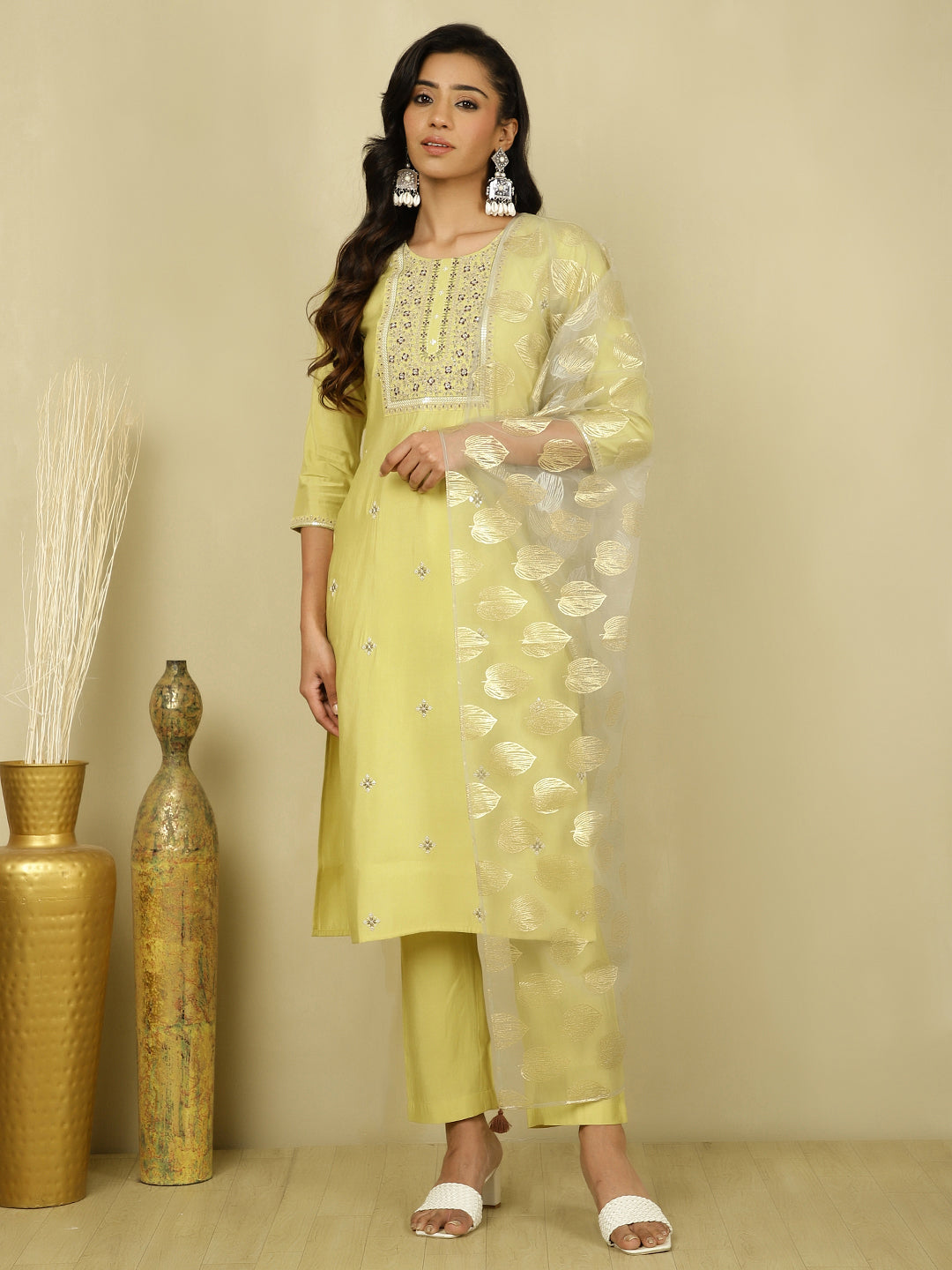 Lime Green Embroidered Festive Suit Set