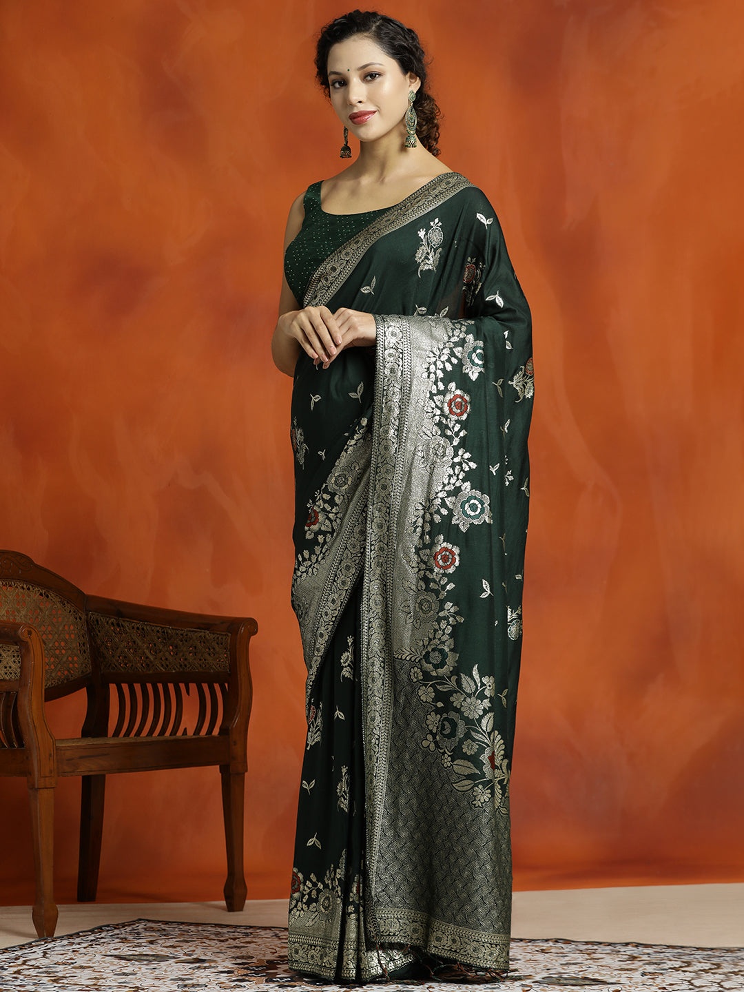 Green Silk Banarasi Floral Zari Woven Design Saree