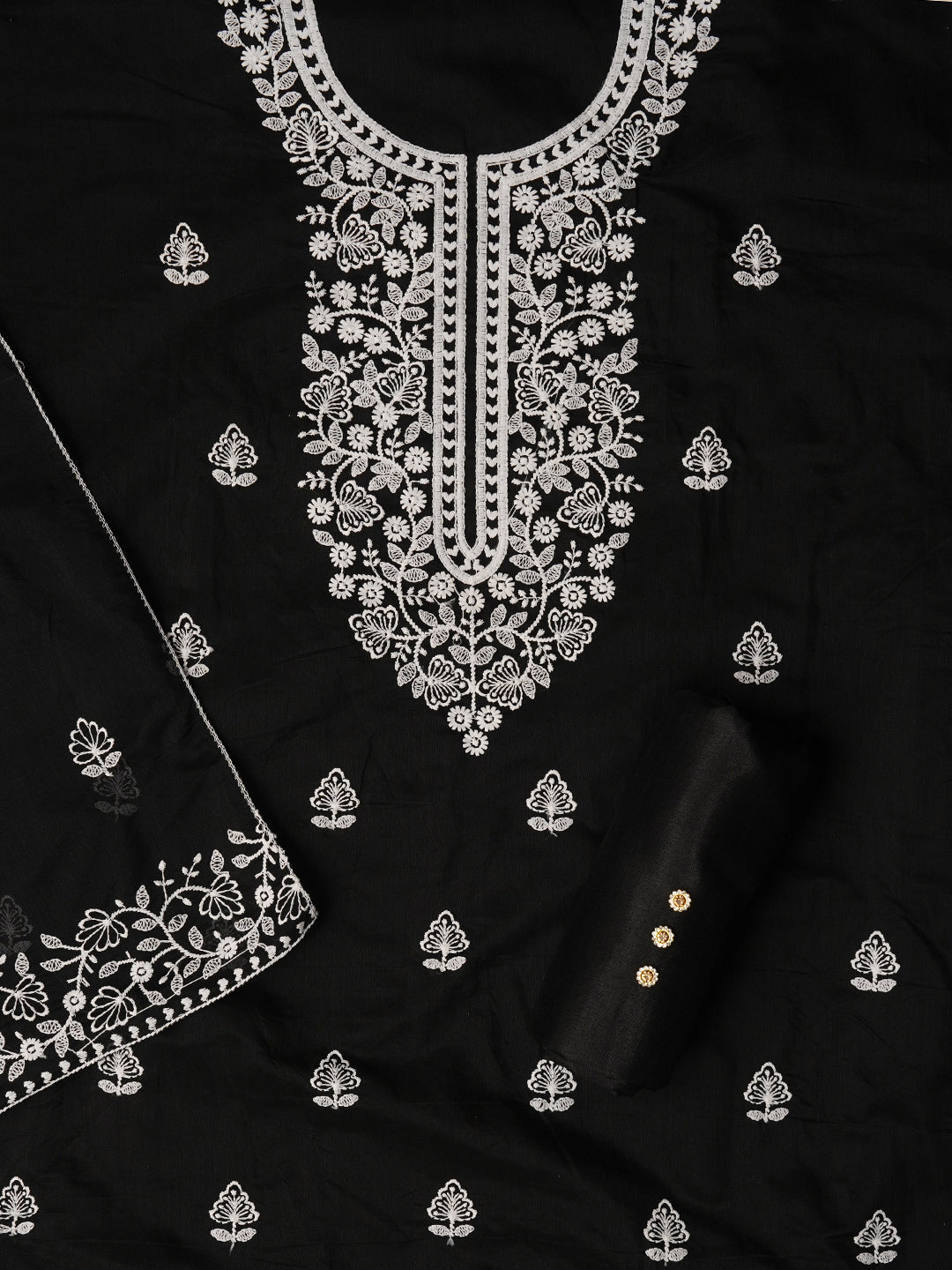 Unstitched Black Embroidered Cotton Blend Dress Material With Dupatta