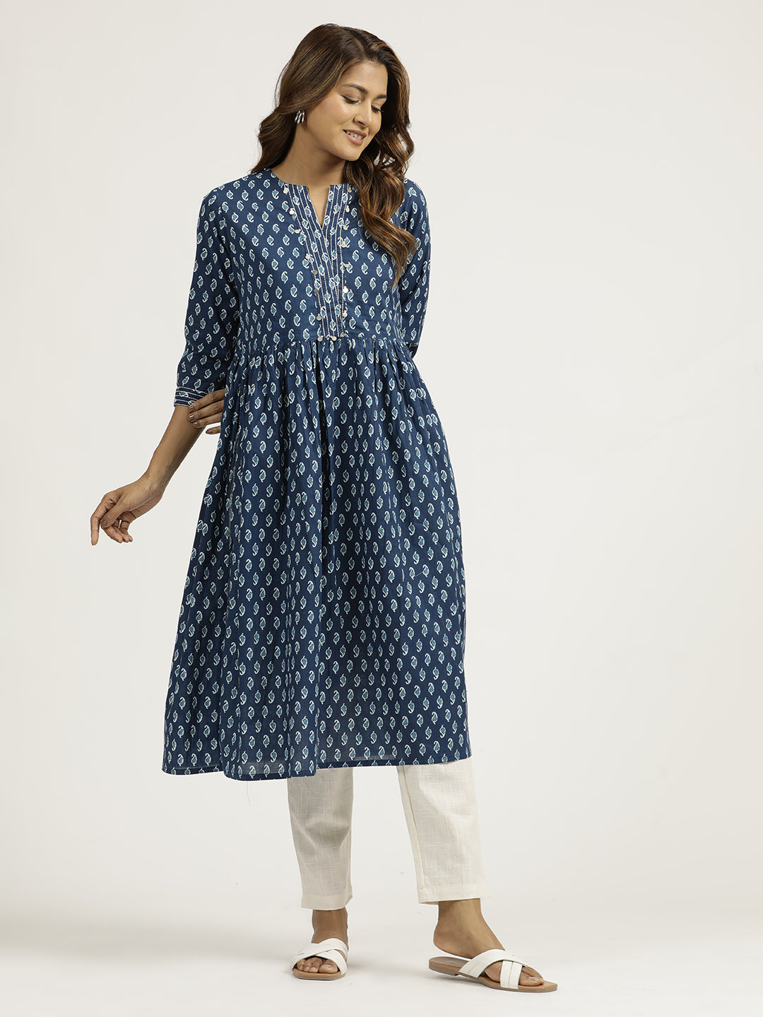 Ethnic Printed Indigo Gathered Cotton Kurta