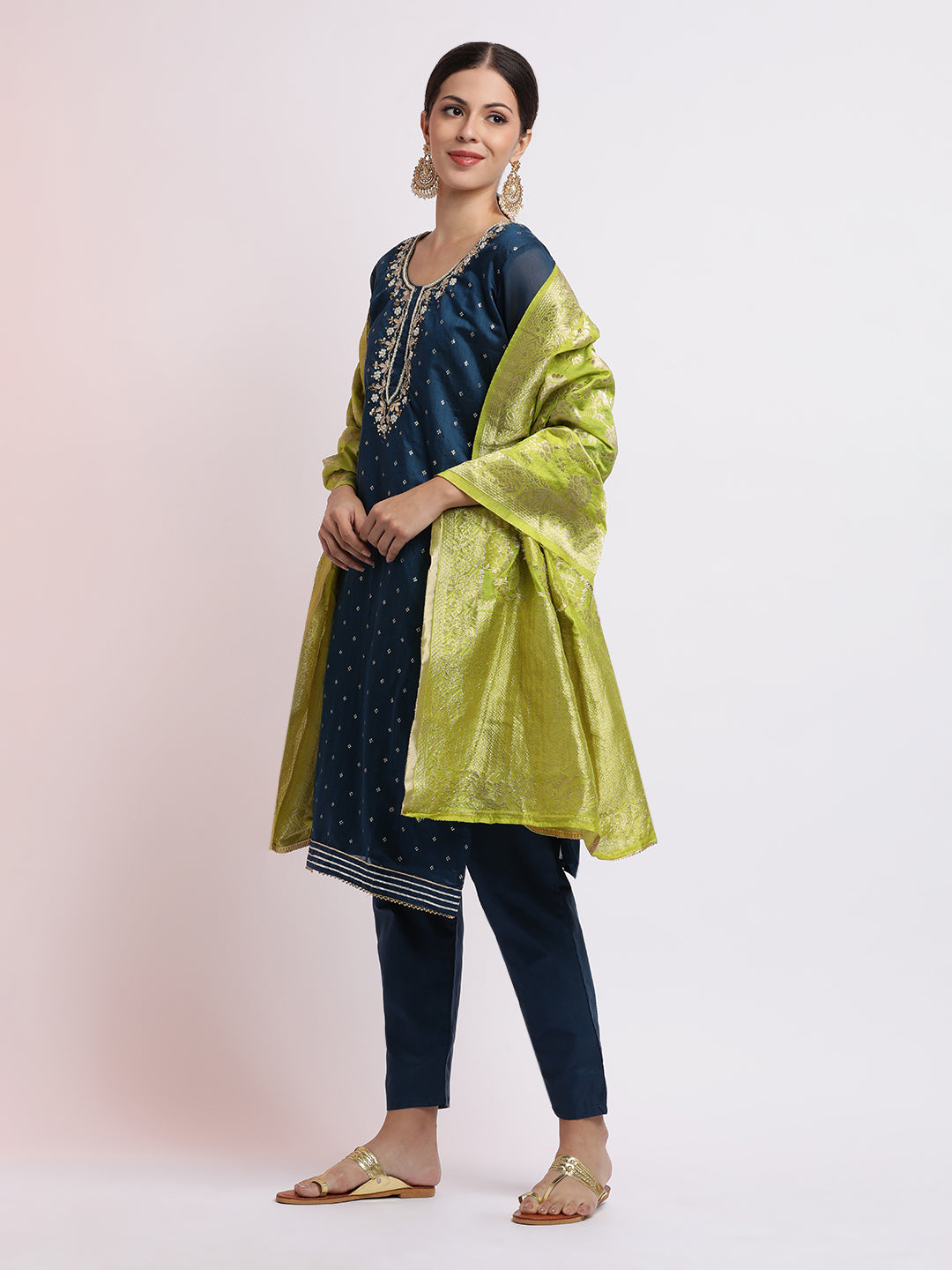 Teal Embroidered Cotton Blend Kurta Set With Dupatta